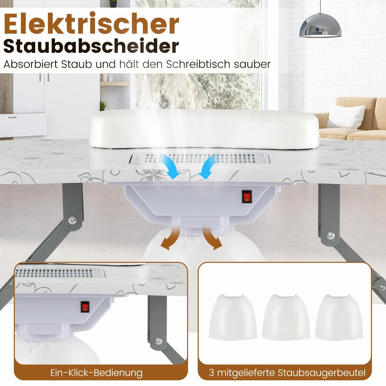 COSTWAY Stół do manicure, składany, stolik na paznokcie z elektrycznym odpylaczem lampą LED, podkładka na nadgarstek, torba do przenoszenia i rolki, stół do manicure o wyglądzie marmuru (biały)