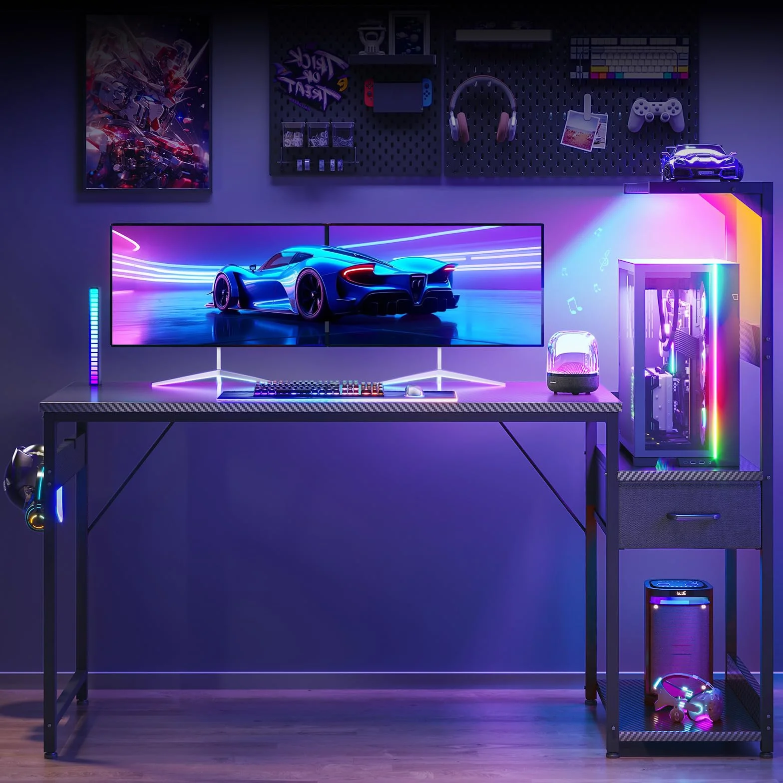 Coleshome Biurko gamingowe z oświetleniem LED, 138×48 cm, Czarne włókno węglowe