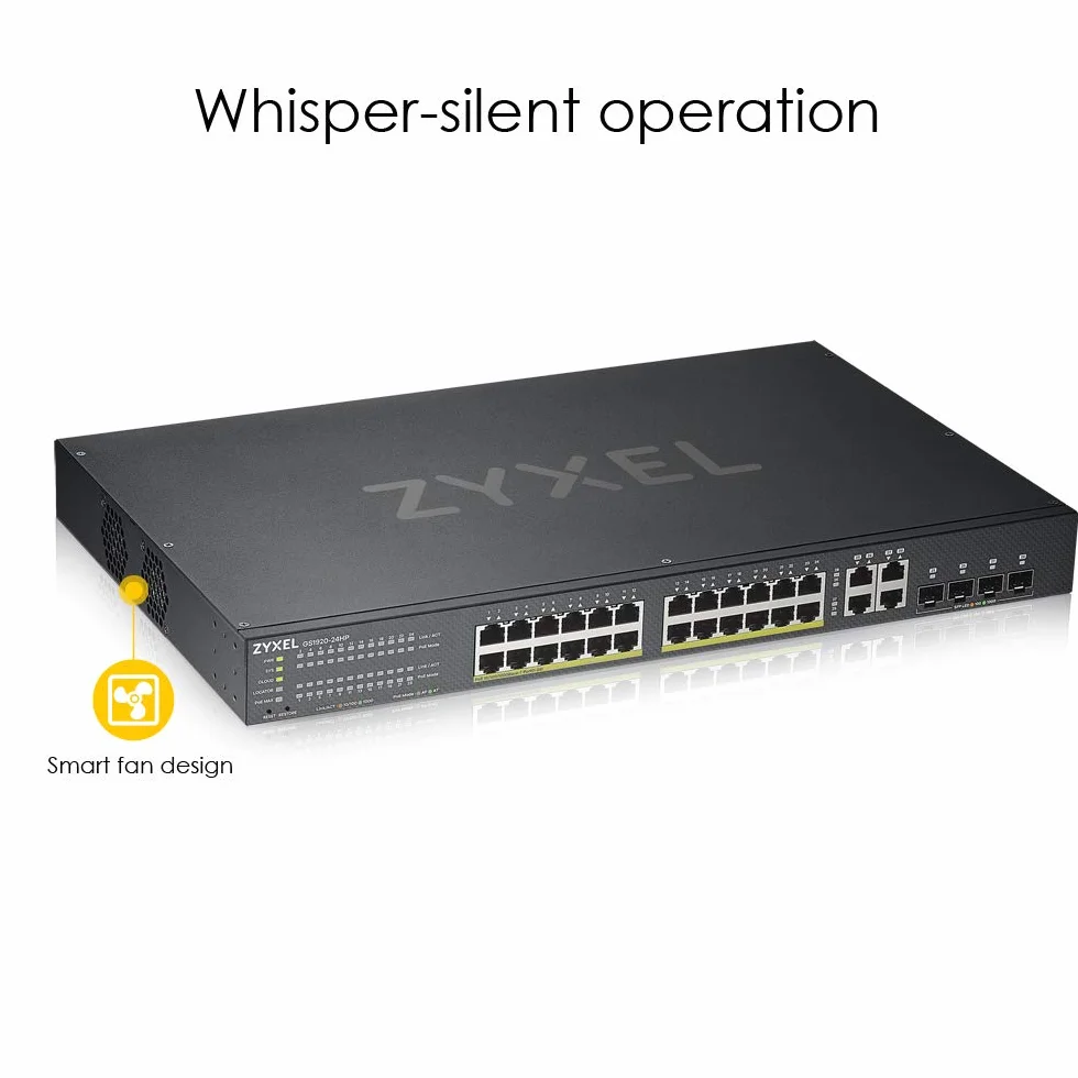 Zyxel Nebula 24-portowy inteligentny zarządzany przełącznik Nebula Gigabit Ethernet PoE+, moc całkowita 375 W, 4 gigabitowe porty combo, tryb chmury hybrydowej, dożywotnia gwarancja [GS1920-24HPv2]
