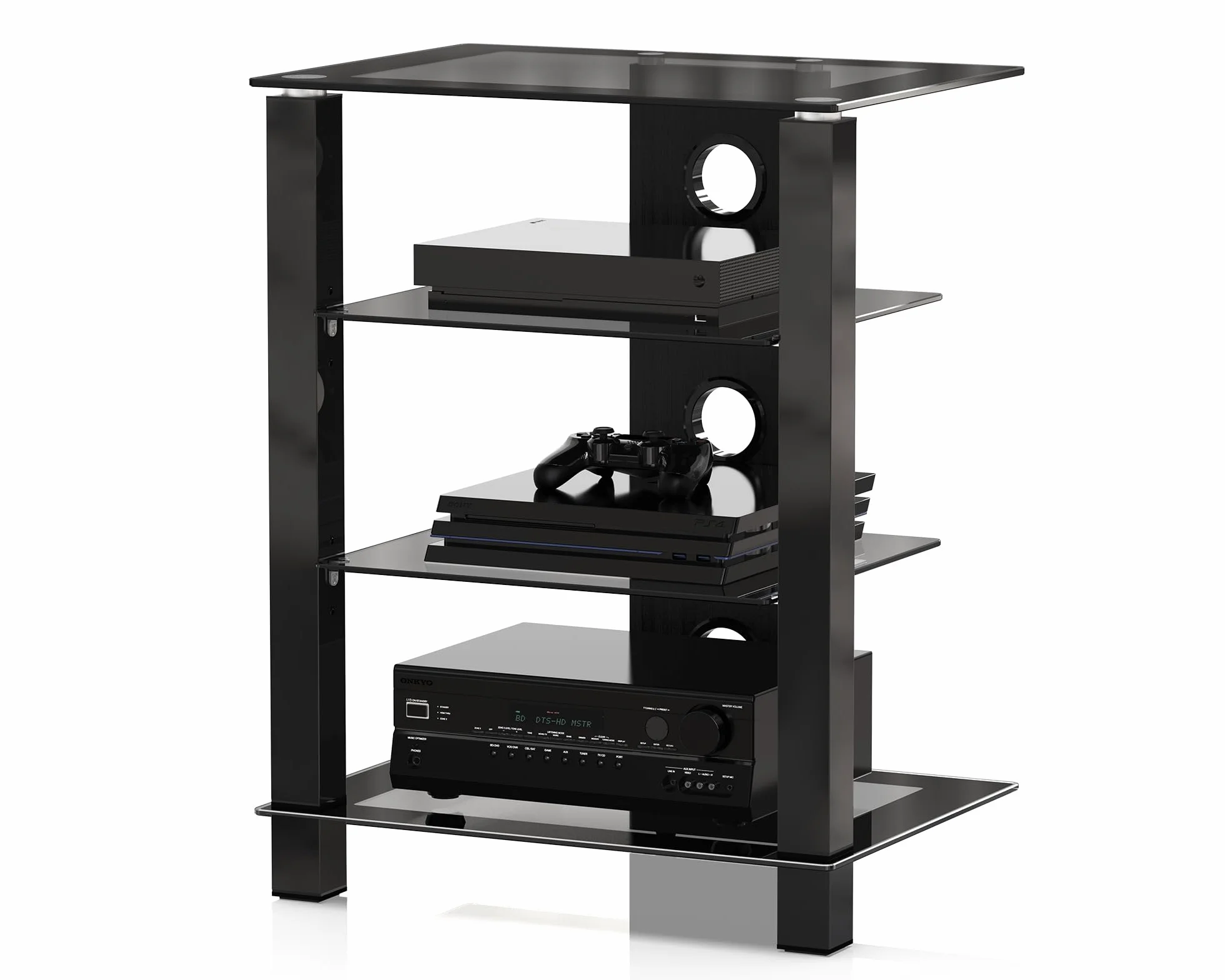 FITUEYES Szklany stojak HIFI, stojak TV, HIFI Rack szafka 4 poziomy z zarządzania kablami, czarny