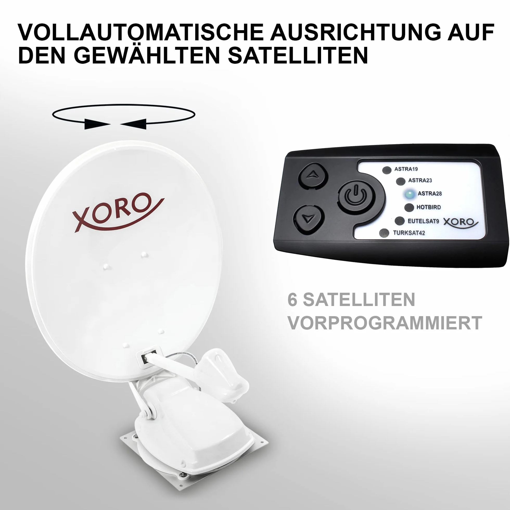 XORO MTA 65 – w pełni automatyczna antena satelitarna 65 cm, wkładka stacjonarna i mobilna, zasilanie 12/24 V, w zestawie sterownik, kabel instalacyjny i akcesoria, kolor biały