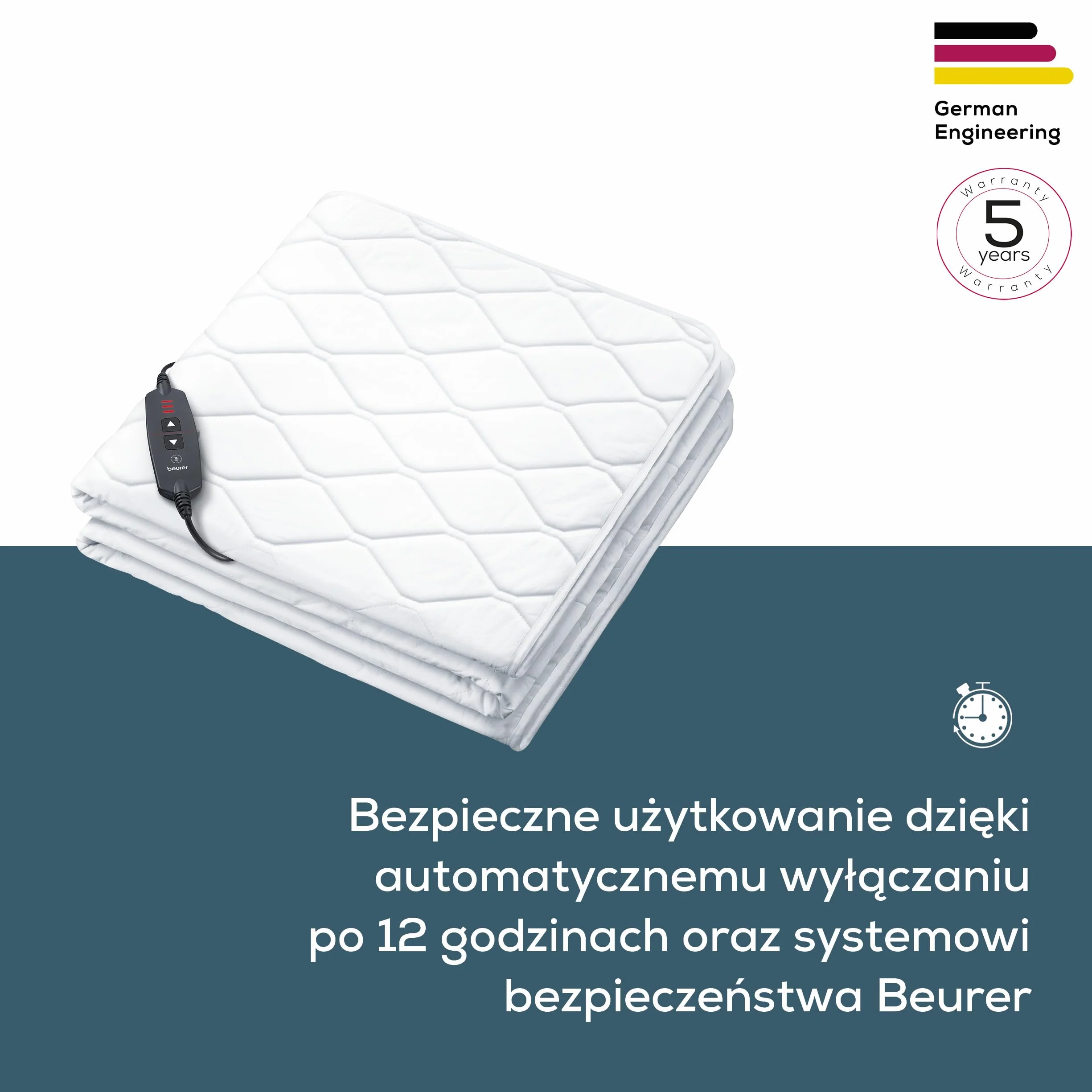 Beurer UB 74 podkład grzewczy, elektryczny koc z automatycznym wyłączaniem i zabezpieczeniem przed przegrzaniem, koc grzewczy praktyczny typu prześcieradła z gumką, 3 poziomy, pranie, 200x100 cm