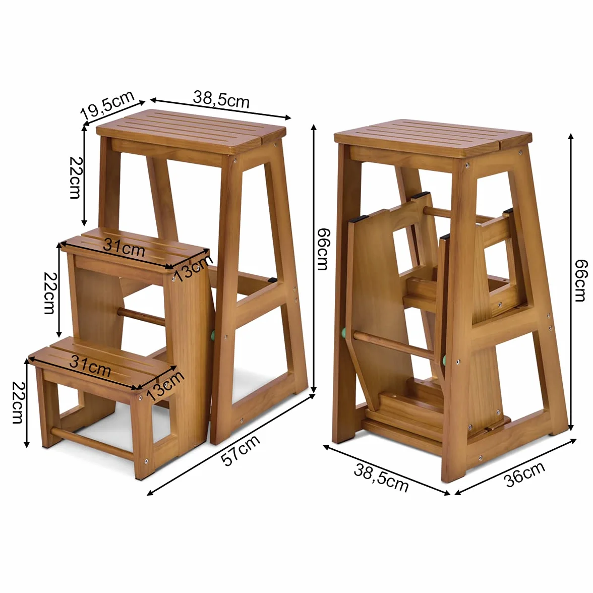 COSTWAY Drabinka taboret 3 stopnie składane krzesło 150 kg 66 cm drabina z litego drewna