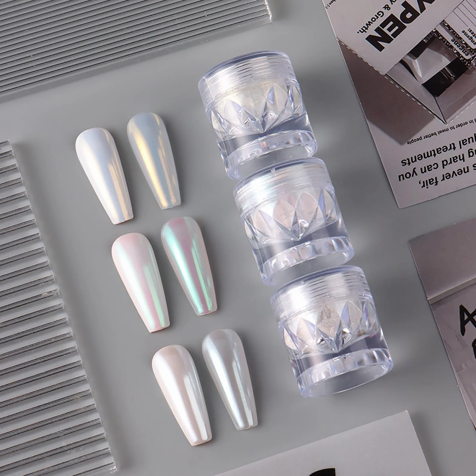 White Pearl Chrome Nail Powder Aurora Nail Powder holograficzny puder do paznokci 3 szt. lustrzany puder brokatowy