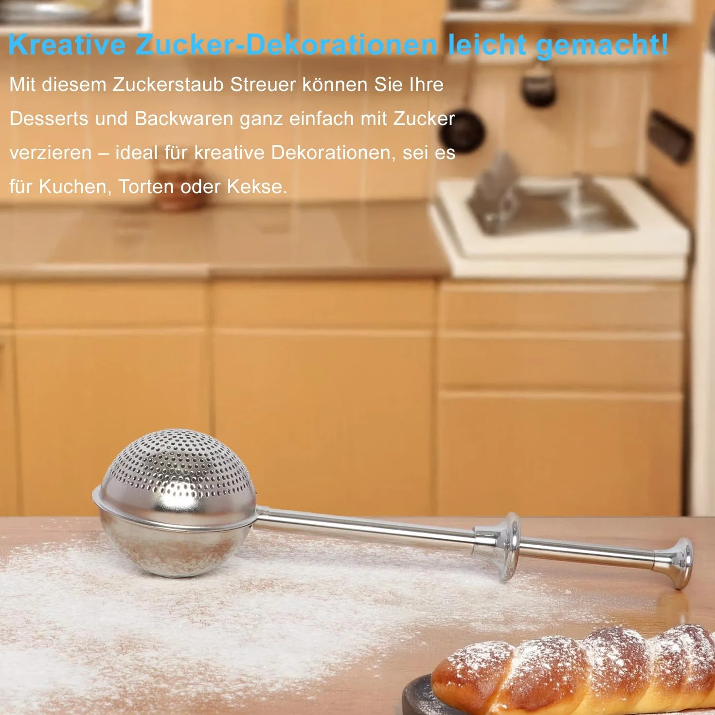 Miotełka do kurzu do mąki do pieczenia, cukier puder z uchwytem, ze stali nierdzewnej, cukier pudrowy, miotełka do wyrobów piekarniczych, do herbaty sypkiej, kakao, cukru