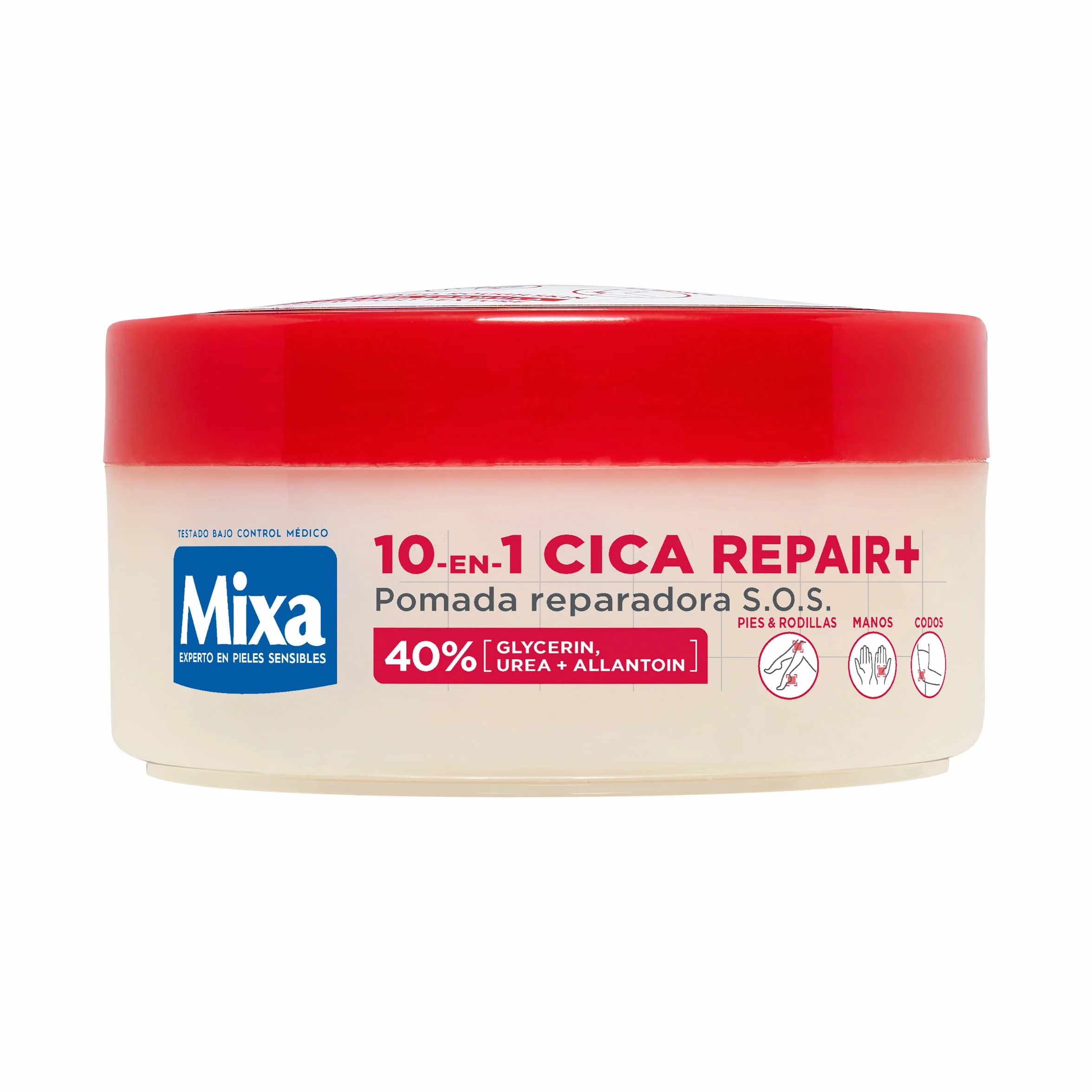 Mixa Cica Repair+ 10 w 1 Maść naprawcza S.O.S. Patentowana formuła 40% [gliceryna + mocznik + alantoina] Nadaje się do skóry suchej i pękniętej. Do stóp, kolan, dłoni i łokci. 150 ml