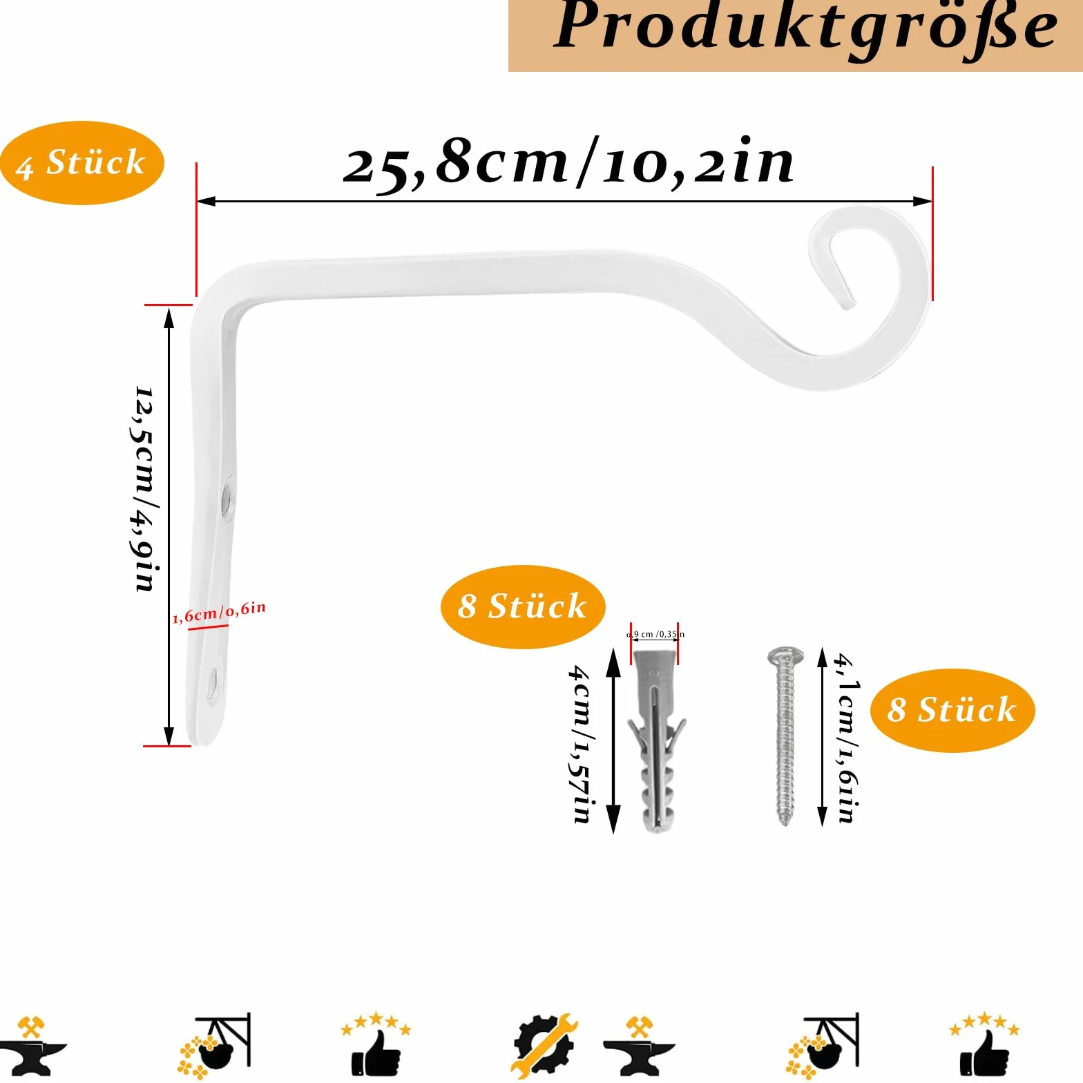 Uchwyt na kwietnik żelazny hak ścienny 25,8 cm biały 4 sztuki