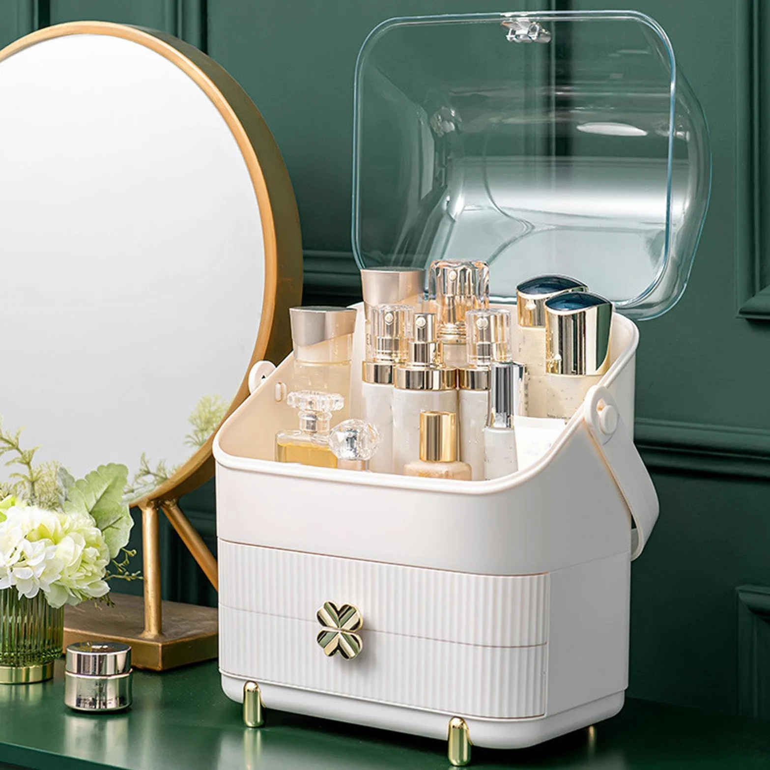 Organizer Na Blat Do Makijażu Pojemnik Na Perfumy I Pędzle | Organizer Na Kosmetyki Z Przezroczystą, Wodoszczelną I Pyłoszczelną Pokrywą Do Toaletki, Biurka, Łazienki, Kuchni