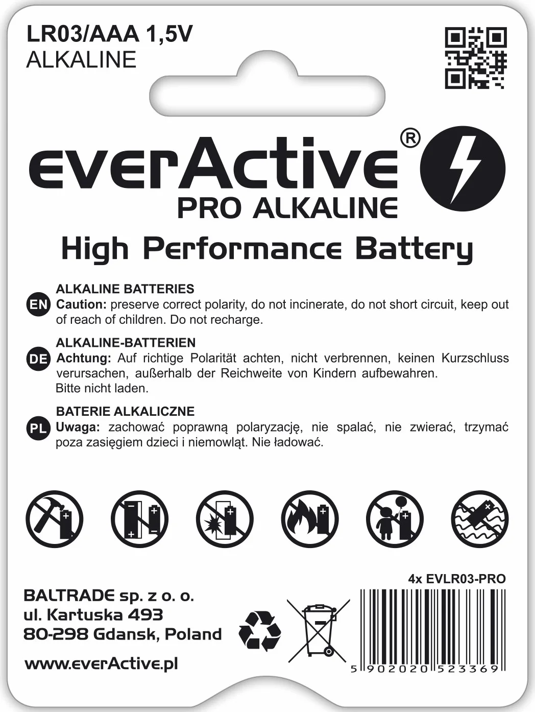 Everactive Pro Alkaline EV03B4 Baterie Alkaliczne, Biały, 4 sztuki, AAA