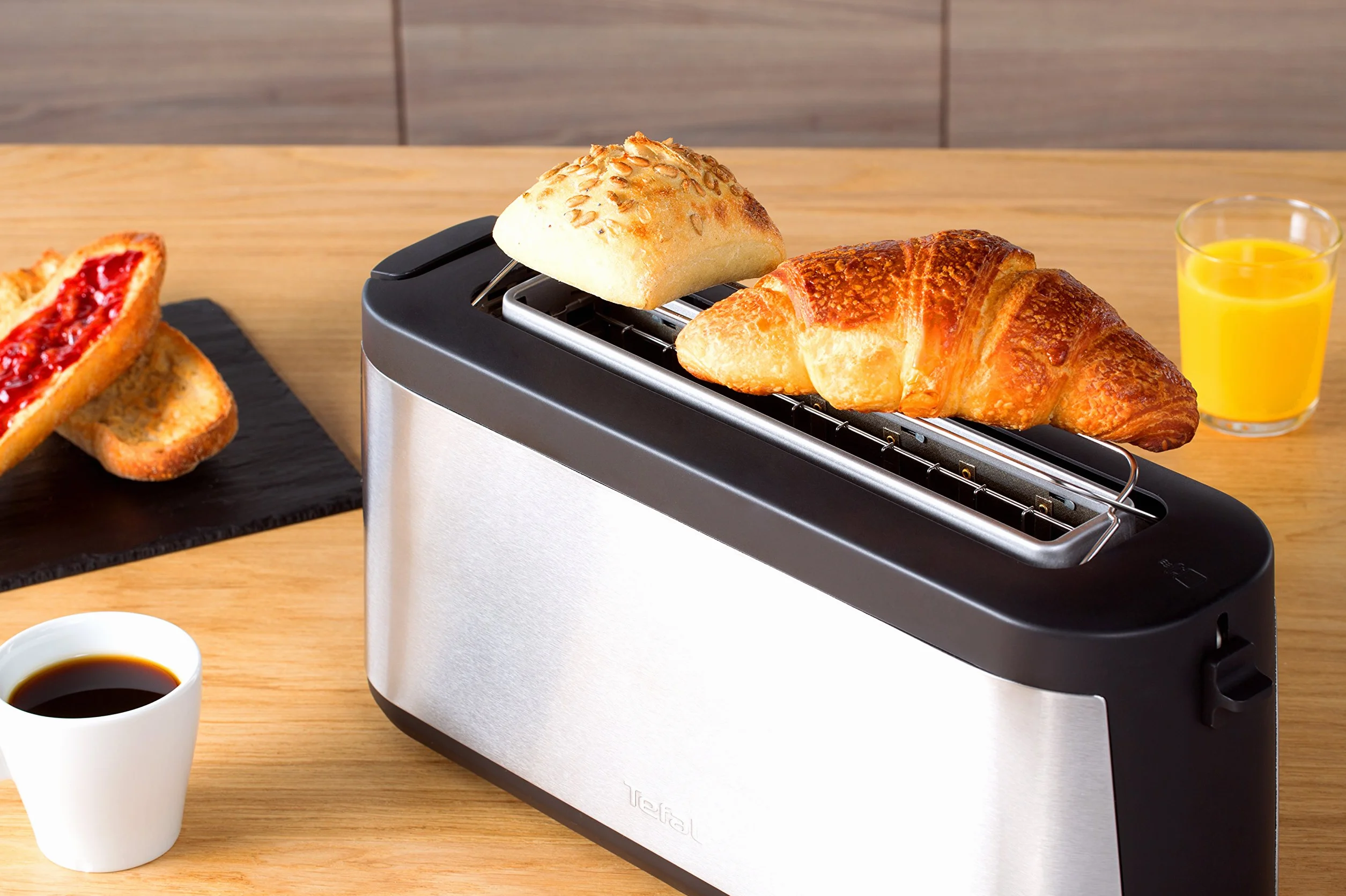 Tefal Element TL4308 toster z długim gniazdem | 7 poziomów brązowienia | 1000 watów | Zintegrowane mocowanie rolkowe | Elegancki design | Czarny/Stal nierdzewna