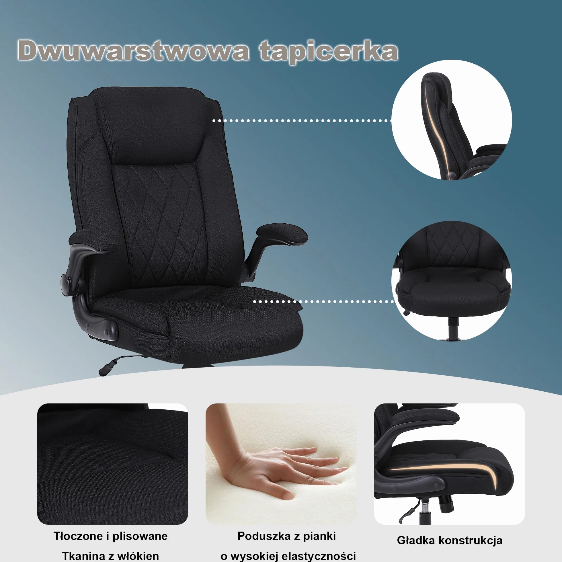 Ergonomiczne krzesło biurowe Flysky, krzesło biurowe z wysokim oparciem i regulacją wysokości, krzesło obrotowe z wygodnym zagłówkiem, krzesło wykonawcze do biura, czarne