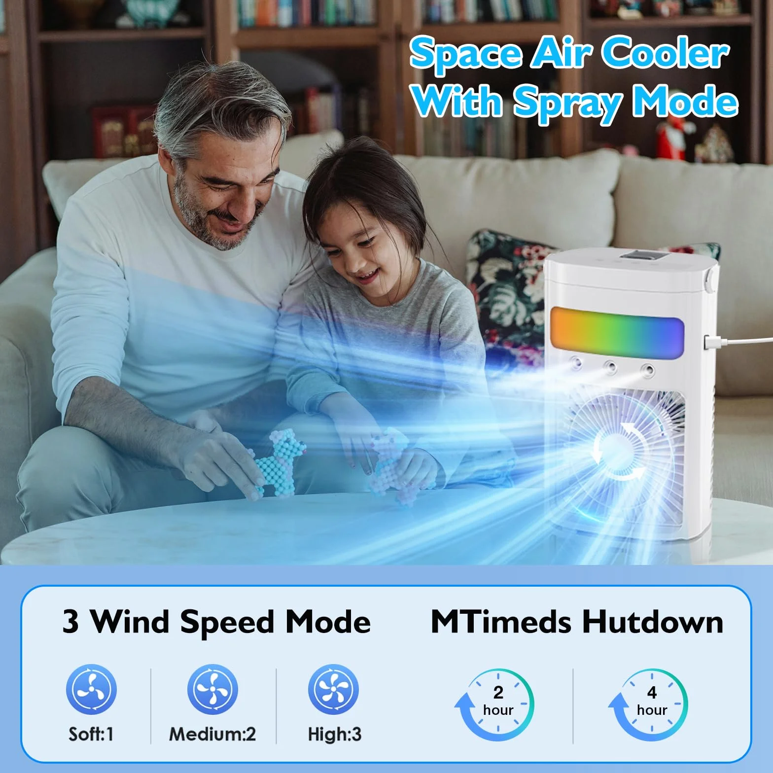 Mobilna klimatyzacja mini klimatyzator przenośny 700 ml chłodnica powietrza parowego 3 prędkości wentylator z chłodzeniem wodnym 7 LED USB Air Cooler czarny