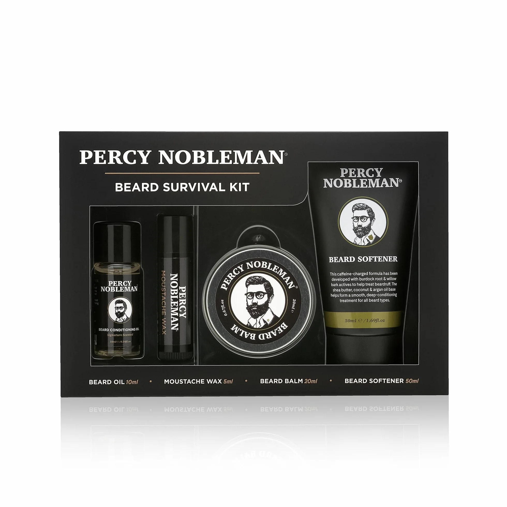 Percy Nobleman Zestaw survivalowy do brody – zestaw do pielęgnacji i pielęgnacji z pachnącym olejkiem do brody, balsamem do brody, woskiem do wąsów i zmiękczaczem do brody, do kondycjonowania