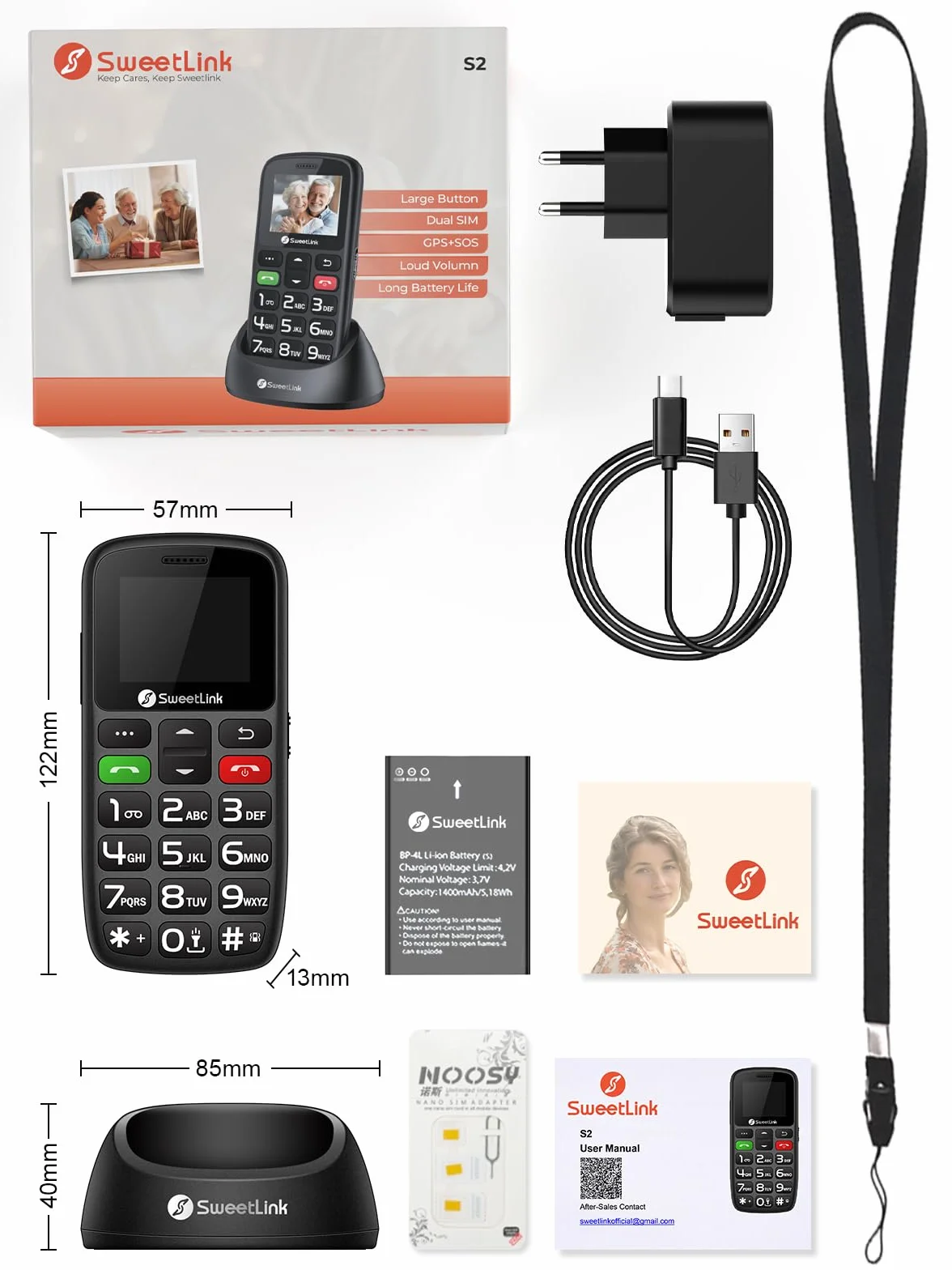 SweetLink Telefon komórkowy dla seniorów z dużymi przyciskami, telefony komórkowe GSM dla seniorów o dużej głośności, kontakty obrazkowe, funkcja SOS, szybkie wybieranie, czarny