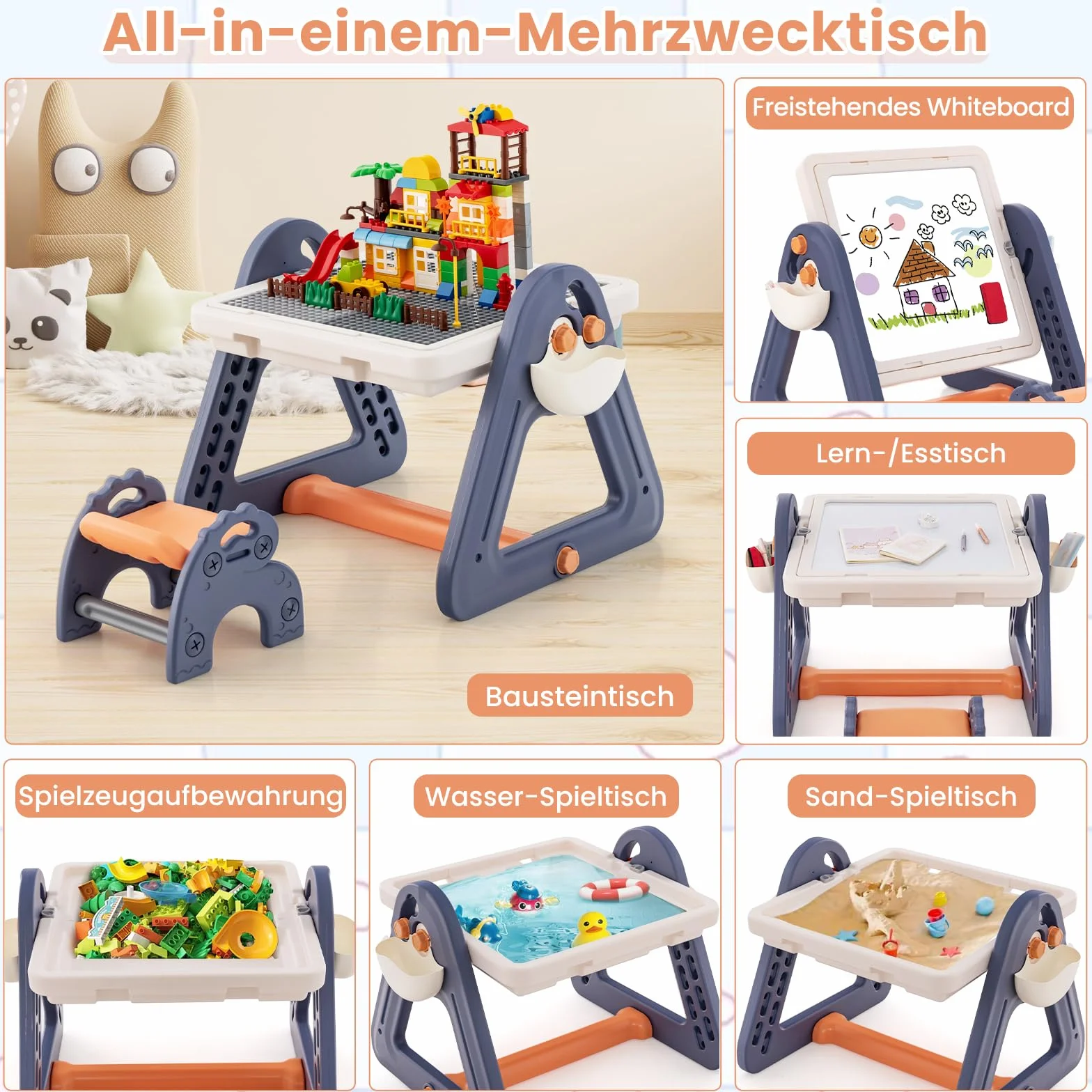COSTWAY Stół Dziecięcy 6 w 1 z Krzesłem, Sztaluga Dwustronna, 160 Klocków, Miejsce do Przechowywania, dla Dzieci od 3 Lat