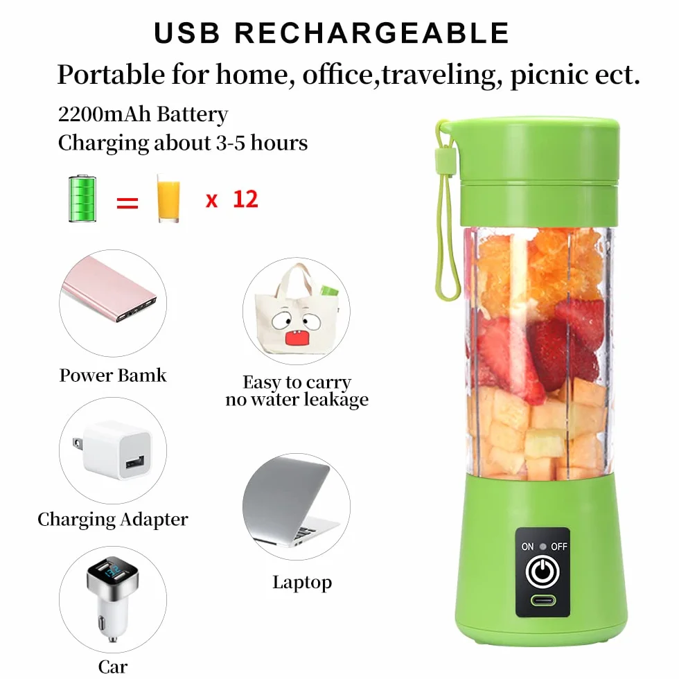 Przenośny blender 380 ml USB Power Blender 6 ostrzy do smoothie i koktajli zielony