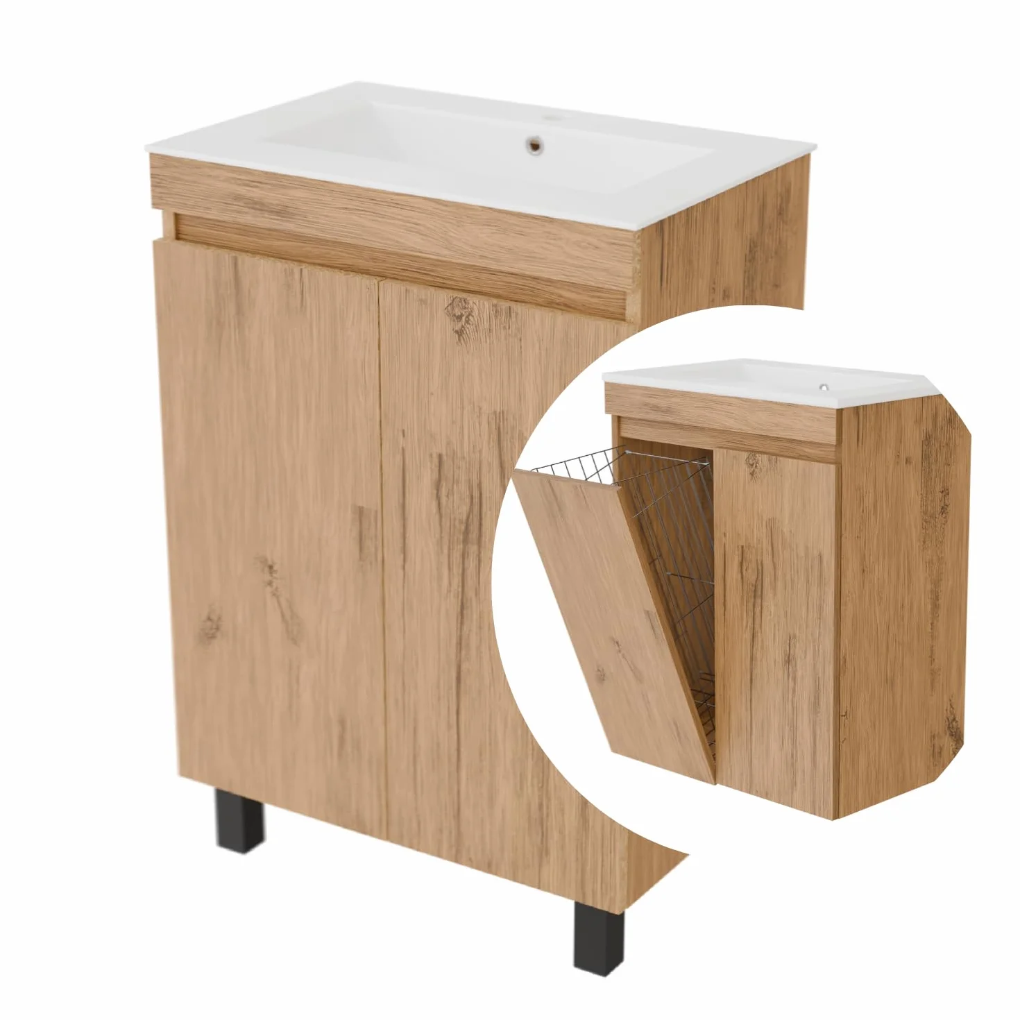 Ribera umywalka z szafką pod umywalkę 60 cm, wisząca lub stojąca, do łazienki, z miękkim zamknięciem, kosz na pranie, zestaw mebli łazienkowych z umywalką, dodatkowe półki (dąb Lancelot, 60)