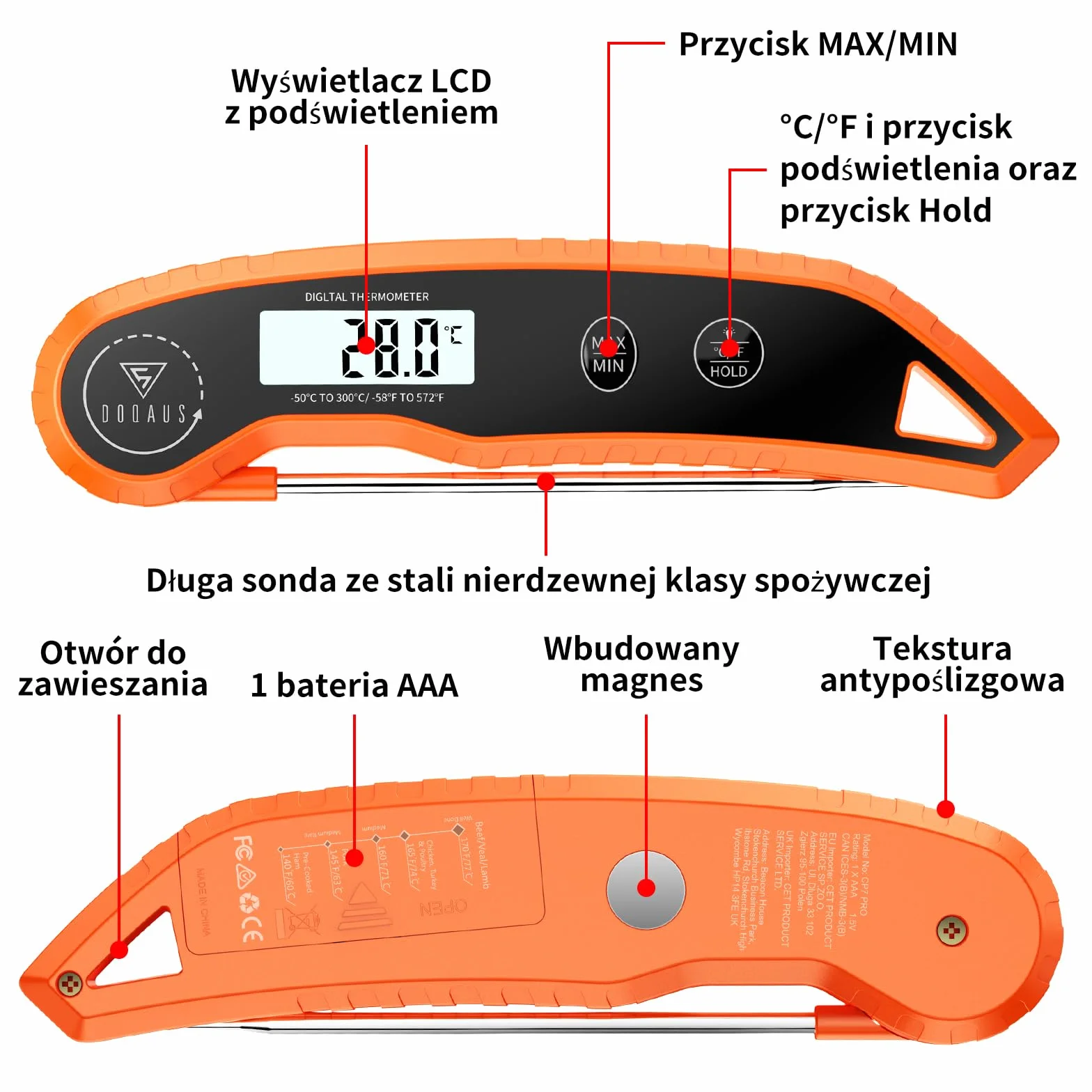 DOQAUS Termometr do grillowania, Cyfrowy Termometr, Natychmiastowy Odczyt w 3 Sekundy, Dokładność ±0,5℃, Podświetlany Ekran Lcd, Do Kuchni, Żywności Dla Niemowląt, Grilla, Oleju (Pomarańczowy)