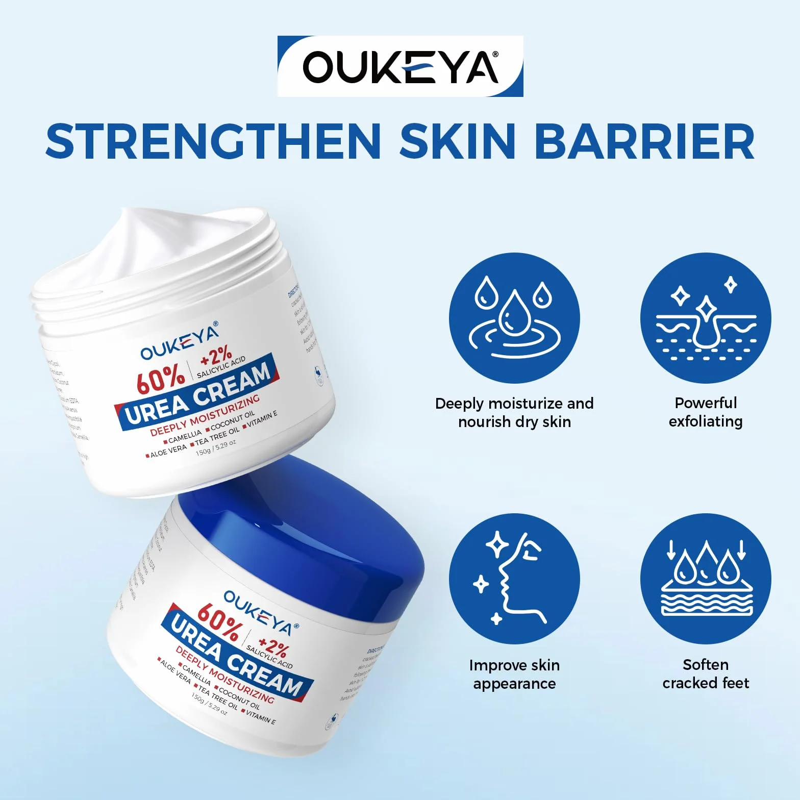 OUKEYA Urea Crème 60% plus Salicylzuur 2% & Vitamine E, Intensieve Nederlandse Crème voor Droge & Gebarsten Huid aan Voeten, Ellebogen en Handen, Verwijdering van Eelt & Dode Huid, Antioxidant Werking