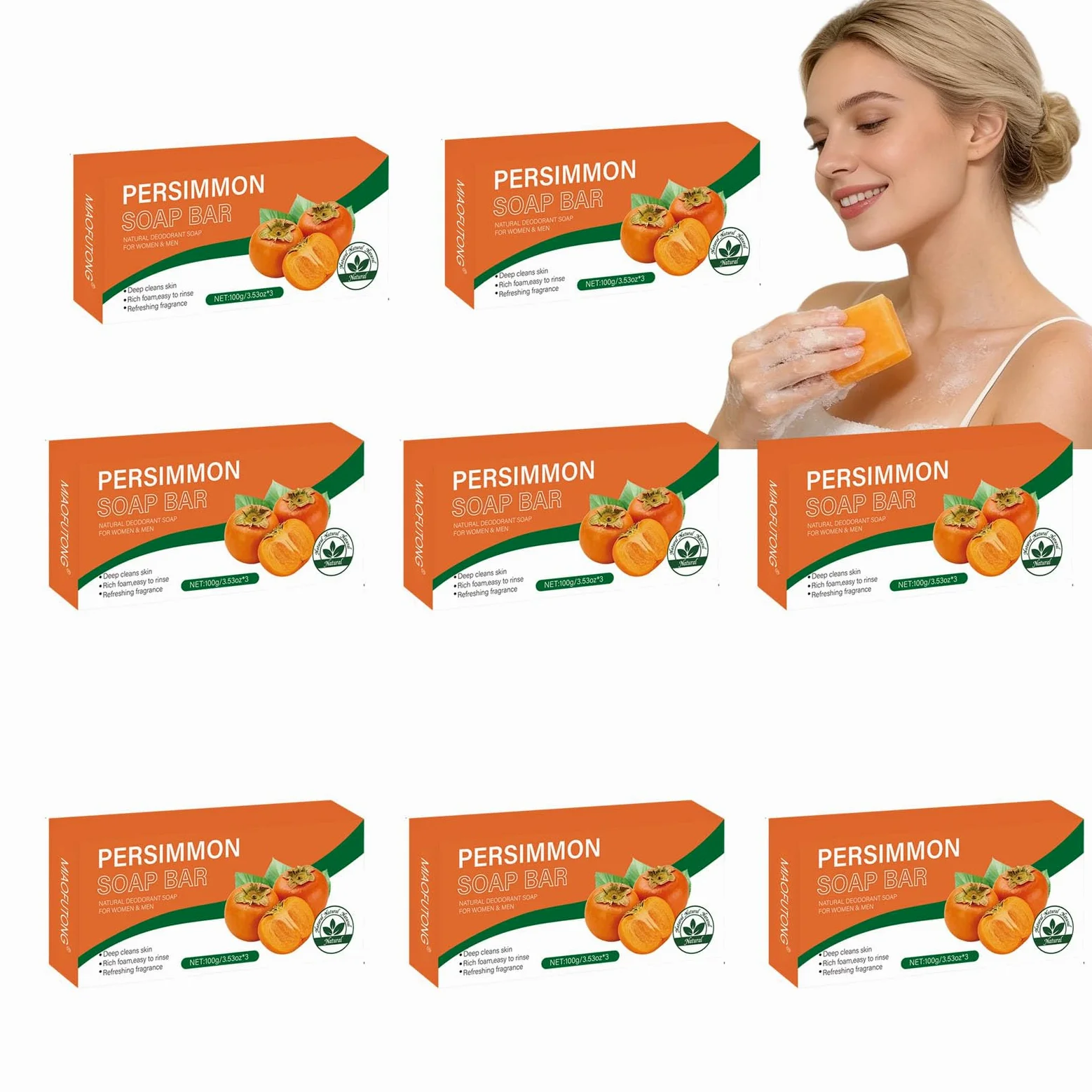 Persimmon mydło barowe dezodorujące, dezodorujące i oczyszczające, nawilżające i długo utrzymujące się mydło, głębokie oczyszczanie ciała, kontrola B/ar, mydło do peelingu, 8 szt