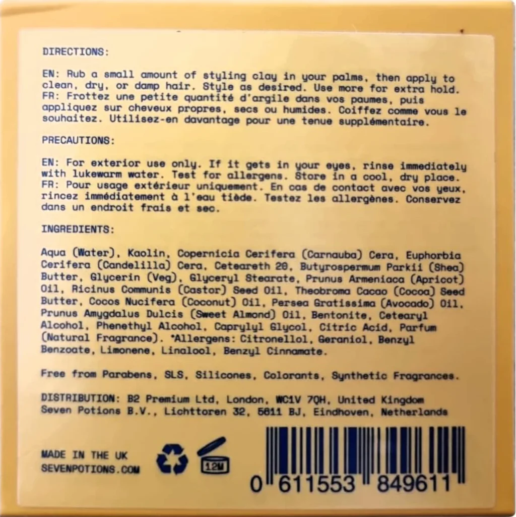 Seven Potions Glina do stylizacji dla mężczyzn — naturalna, na bazie wody, matowe wykończenie, mocny produkt mocujący — 100% wegańska, wolna od okrucieństwa (100 ml)