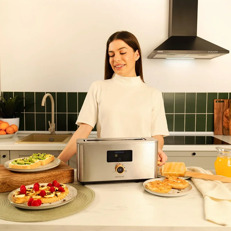 Cecotec Toster pionowy 1 bardzo długie szczeliny Touch&Toast Extra. 1000 W, 24 kromki chleba, ekstra szeroka szczelina 3,5 cm, ekran dotykowy i cyfrowe koło, wykończenie ze stali nierdzewnej