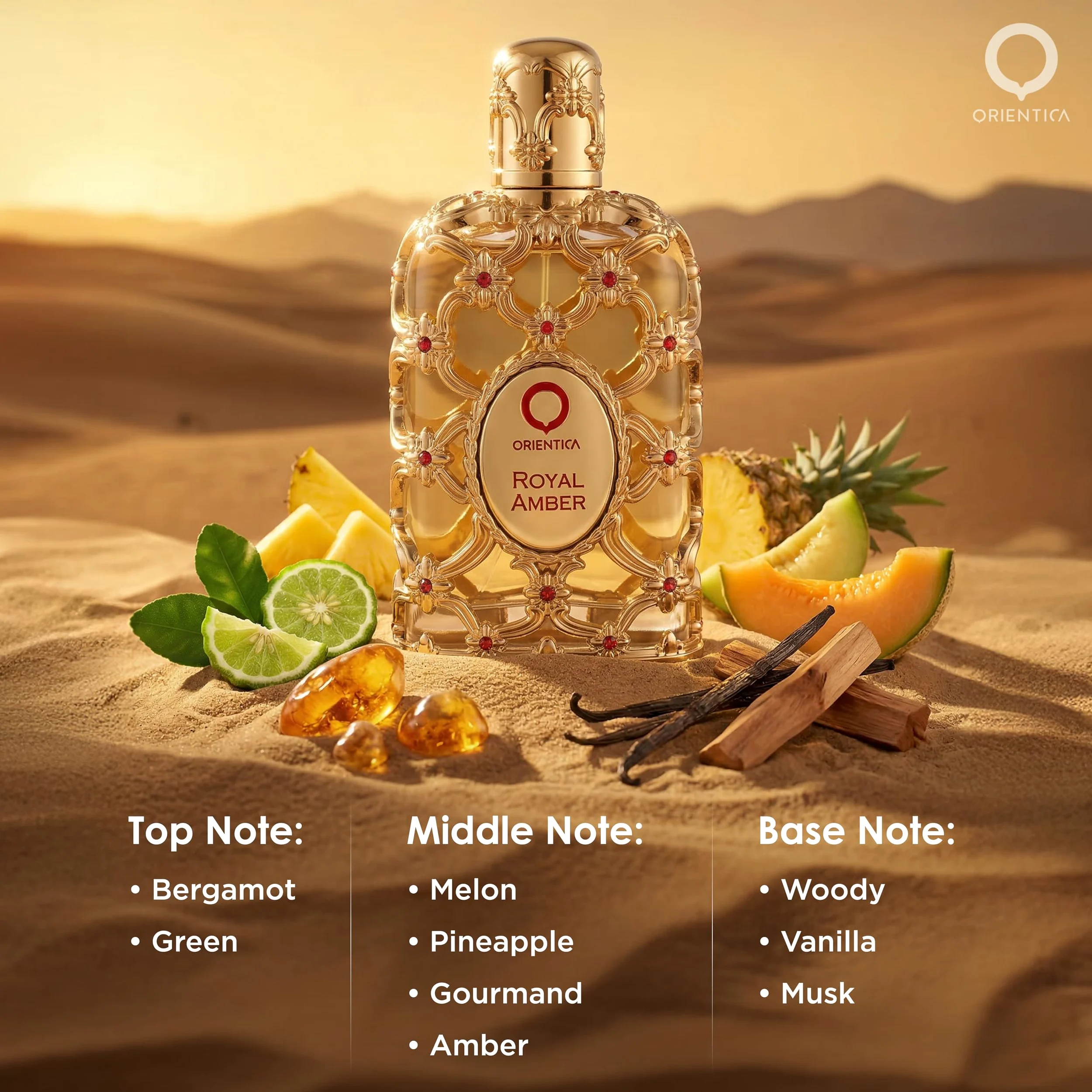 Orientica Luksusowa woda perfumowana Royal Amber 150 ml - nuty wanilii, bergamotki, ananasa, melona - Amber Oud, Gourmand owocowe arabskie perfumy dla kobiet i mężczyzn - perfumy Arabes de Mujer y