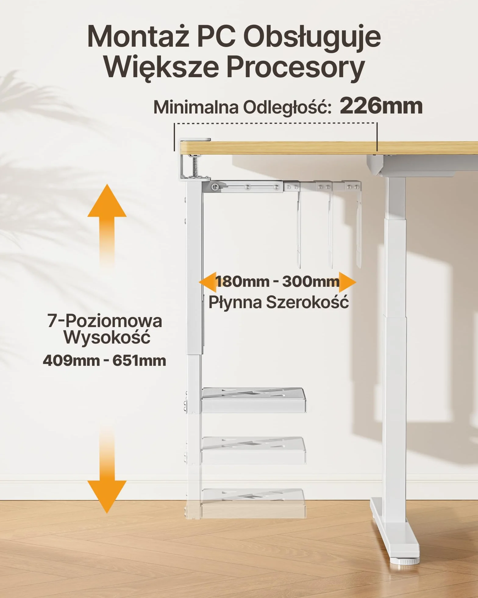monTEK Heavy-Duty uchwyt do komputera pod biurko, montaż bez wiercenia, regulowany uchwyt na komputer z podkładkami ochronnymi, udźwig do 30 kg, wysokość 16,1-25,6", idealny do biura, domu, klasy