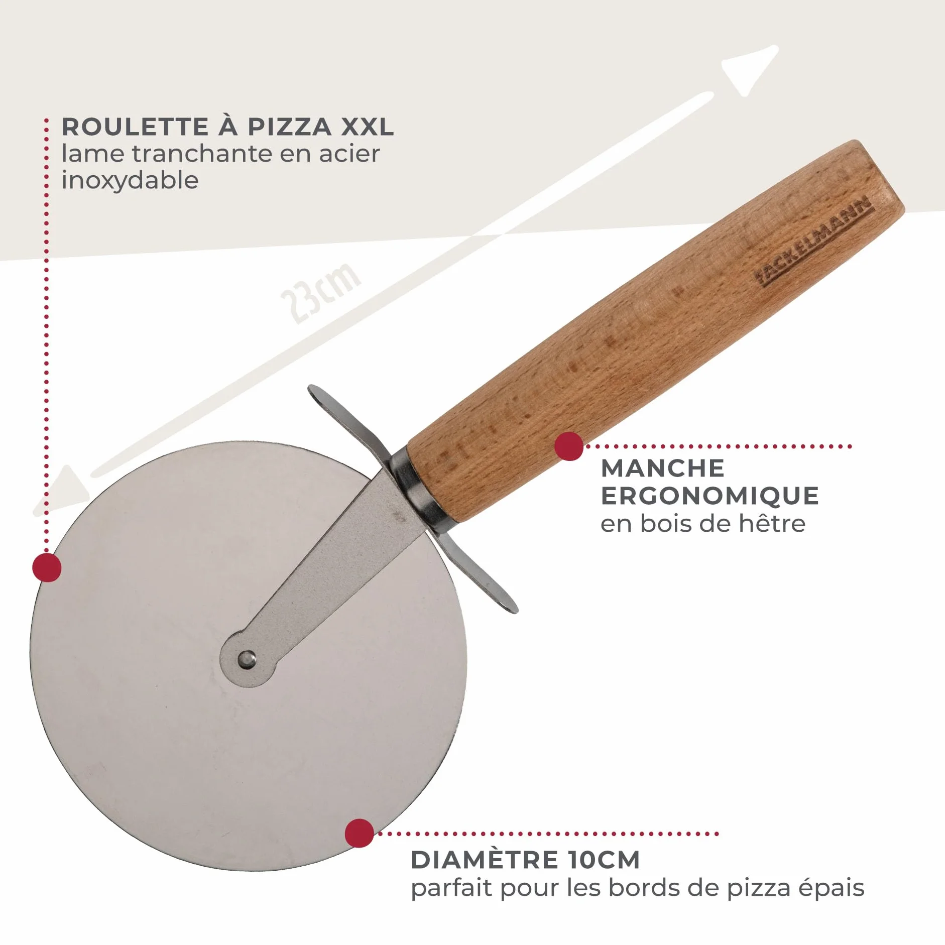 Fackelmann Nóż do pizzy XXL do pizzy i tart – koło do pizzy z ostrym ostrzem ze stali nierdzewnej – wałek do pizzy z ergonomicznym uchwytem z drewna bukowego – ok. 23 cm