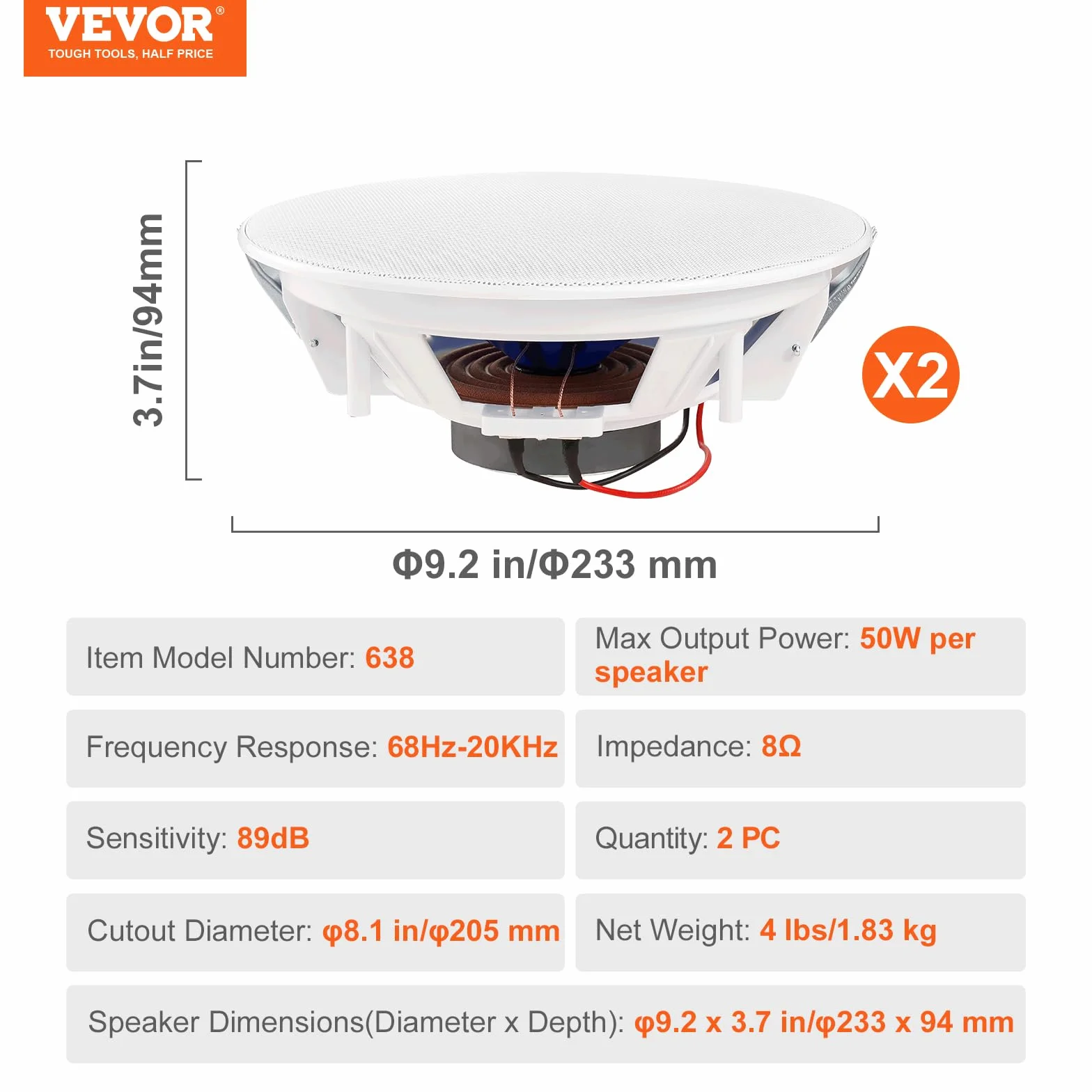 VEVOR 2 sztuki głośników sufitowych 20 cm, 50 W, system głośników do zabudowy w suficie i ścianie, impedancja 89 dB, do domu, kuchni, salonu, sypialni lub zadaszonych werand