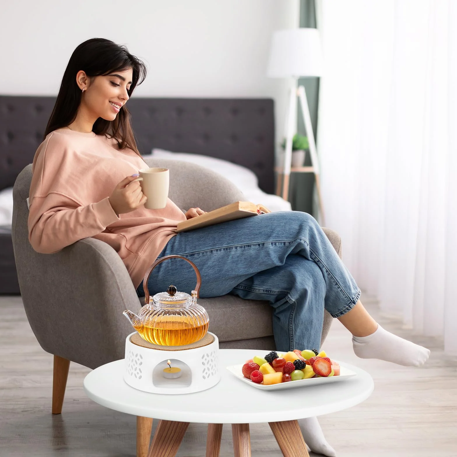 Ceramiczny podgrzewacz do herbaty z korkową podkładką, wydrążony rzeźbiony wzór
