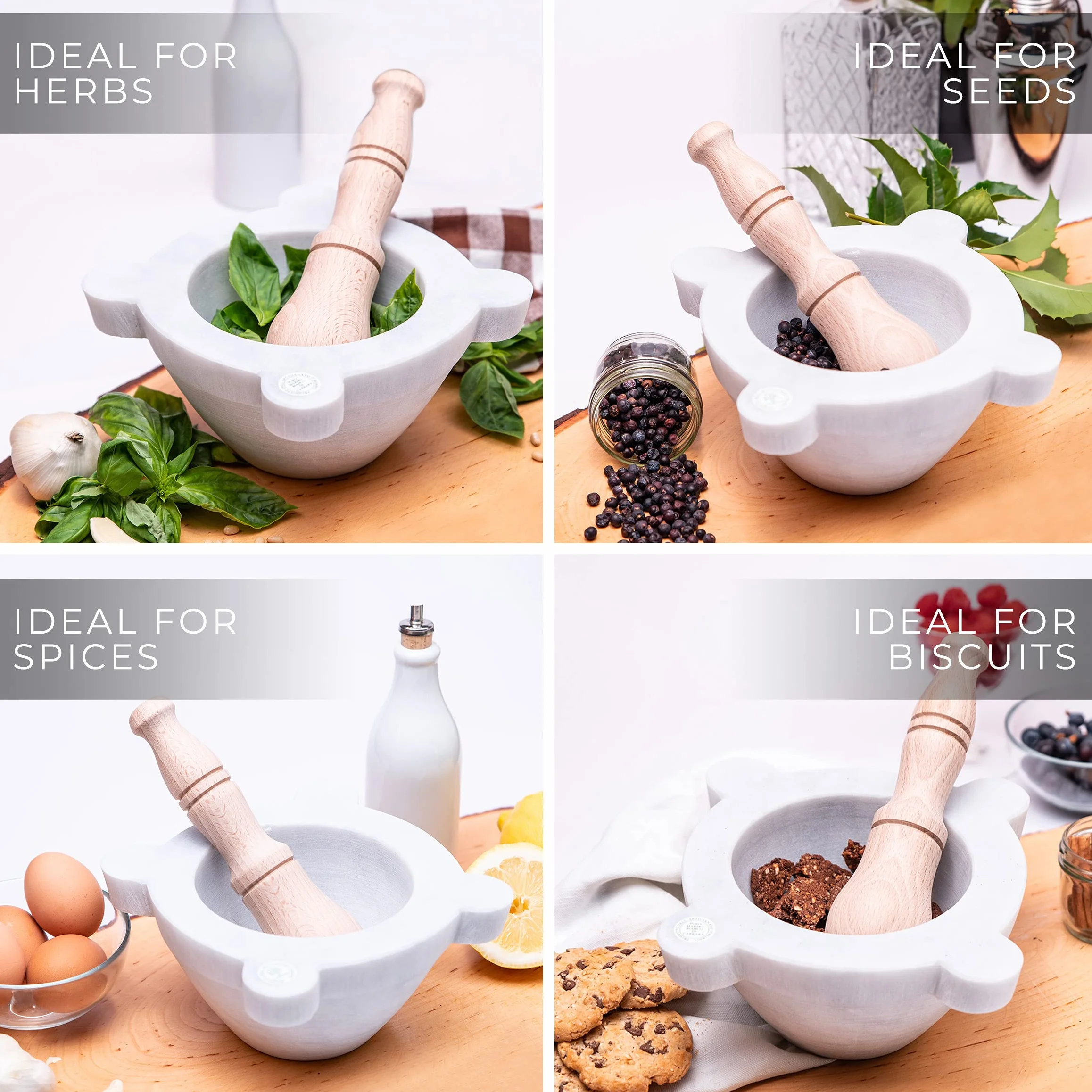 Moździerz z marmuru biały marmur Carrara z tłuczkiem Bembo – moździerz do pesto i przypraw – wyprodukowano we Włoszech – model z Genui (cm 20)