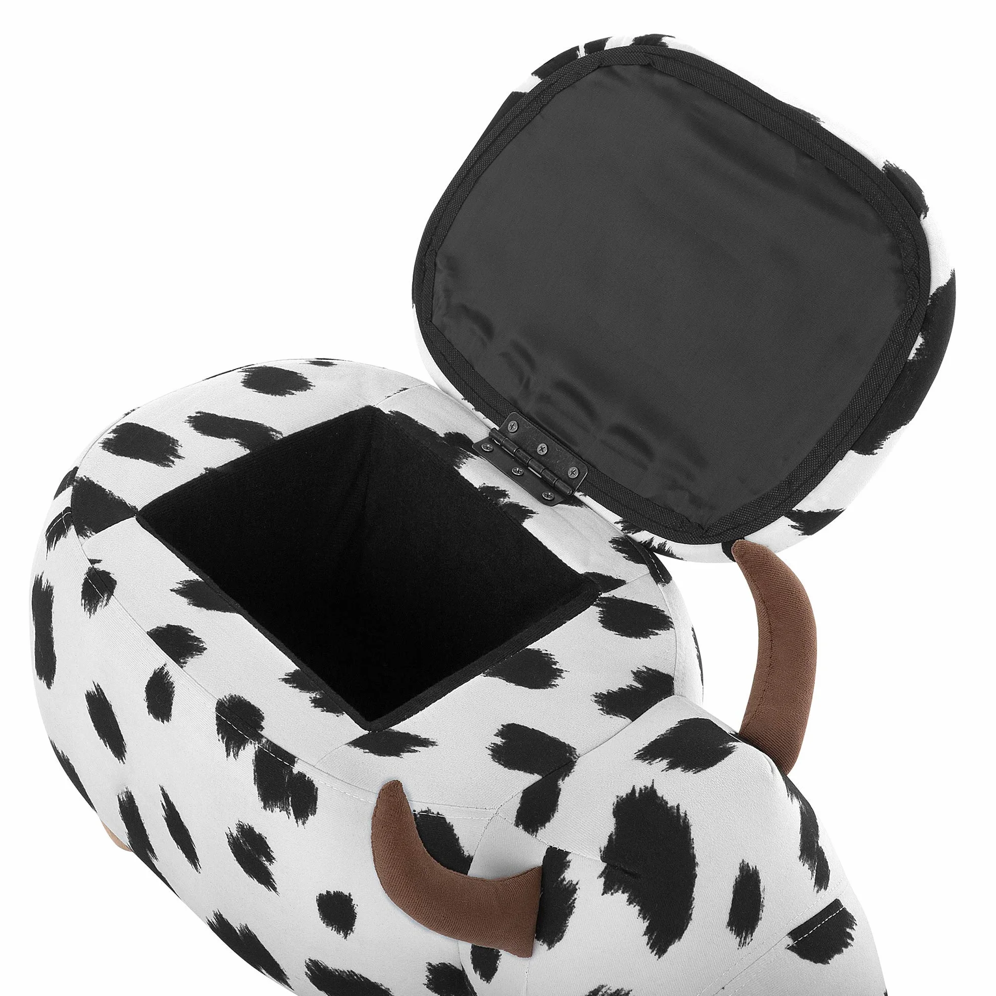 Pufa dla dzieci czarno-biała w łaty ze schowkiem drewniane nóżki Cow