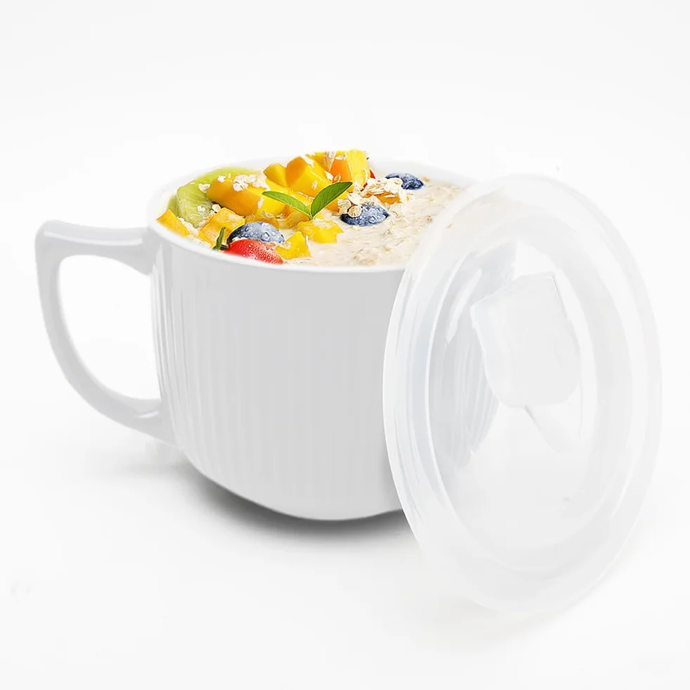 900 ml ceramiczna miska na zupę z uchwytem i pokrywką – idealna do Nongshim Ramen – duża waza do zupy do kuchni i stołu (biała)