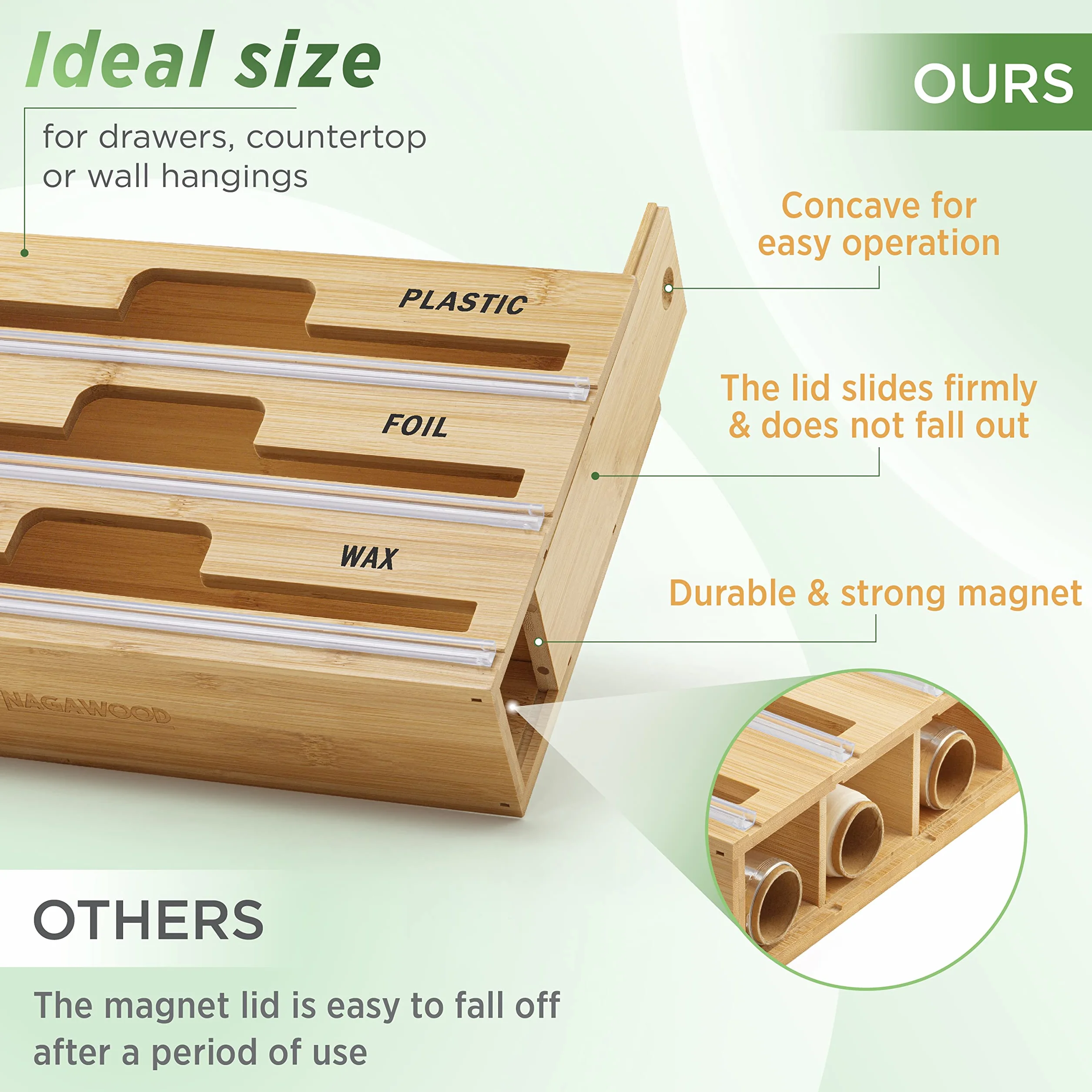 Dozownik folii aluminiowej 3 w 1 uchwyt na rolkę kuchenny organizer bambusowy naturalny