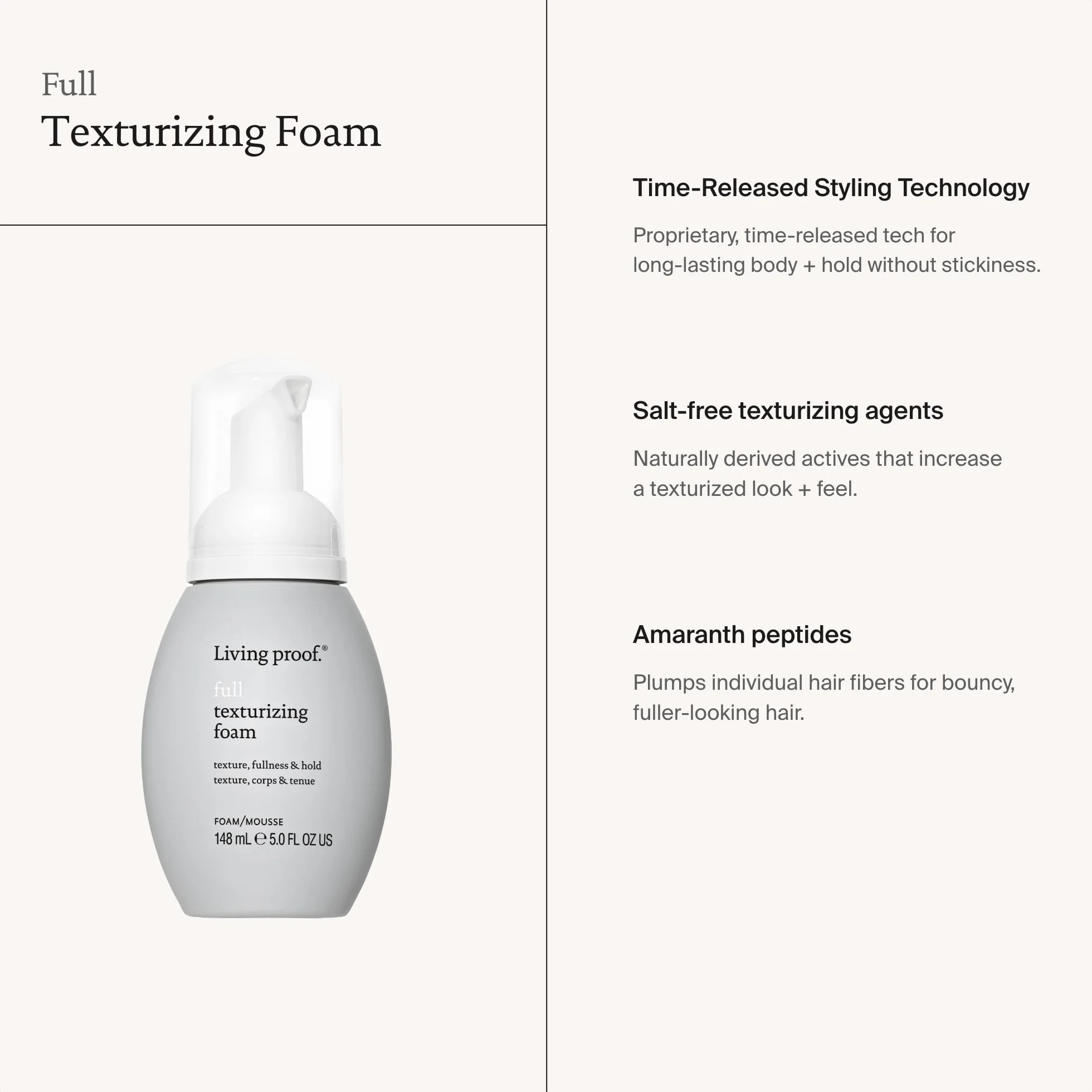 Living Proof Full Texizing Foam | Sucha pianka objętościowa, zapewnia teksturę i strukturę podczas stylizacji | idealna ochrona przed wysoką temperaturą | bez silikonów, parabenów, siarczanów | 45 ml