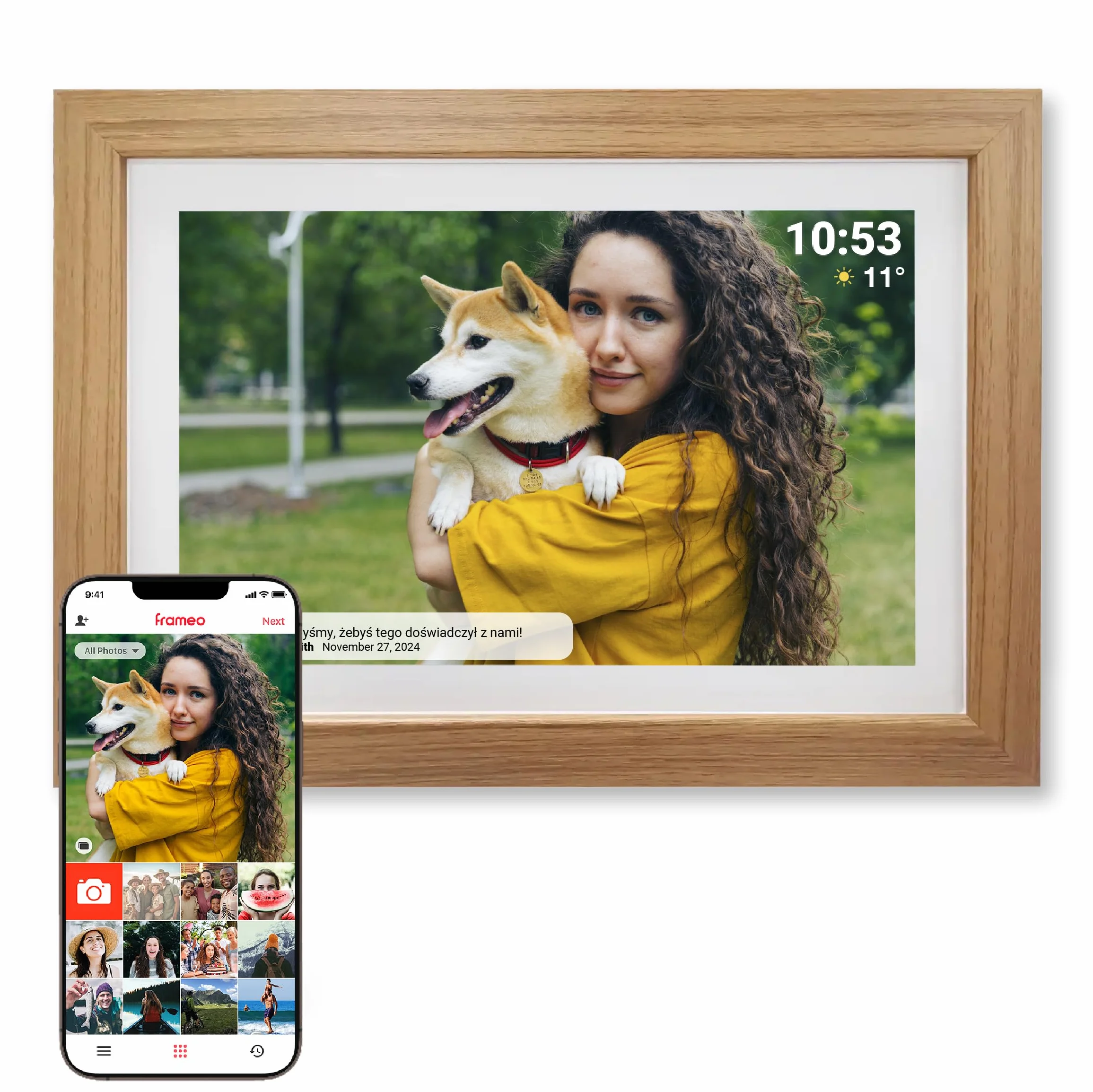 Denver Cyfrowa ramka na zdjęcia 10,1 cala HD - elektroniczna ramka na zdjęcia - ramka na zdjęcia - aplikacja Frameo - ekran dotykowy IPS - 16 GB - PFF1042LW - drewno