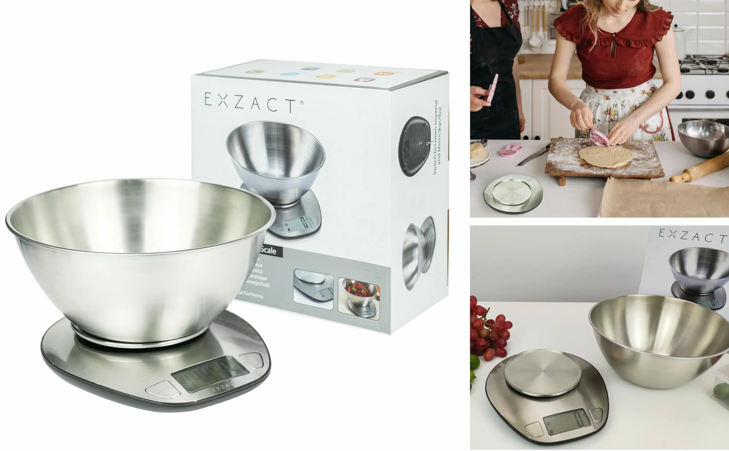 Exzact Elektroniczna waga kuchenna Waga do pieczenia ze stali nierdzewnej - Duża waga wyświetlacza z misą do mieszania ze stali nierdzewnej - maks. 5 kg