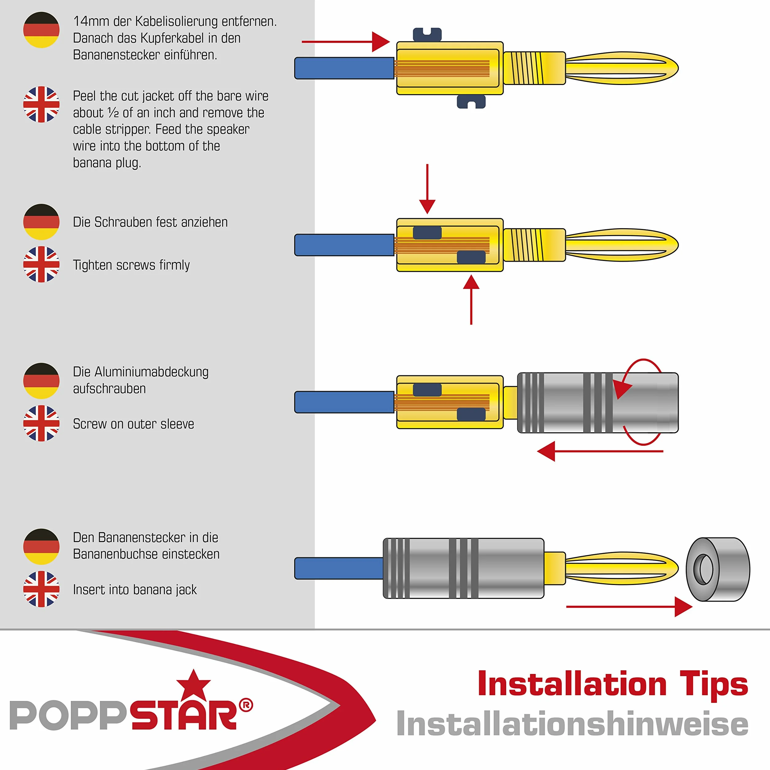 Poppstar 4 wtyki bananowe Hi-End (do 4mm² z połączeniem śrubowym, lutowane do 6 mm², pozłacane styki 24k, obudowa aluminiowa, 2 czarne, 2 czerwone)
