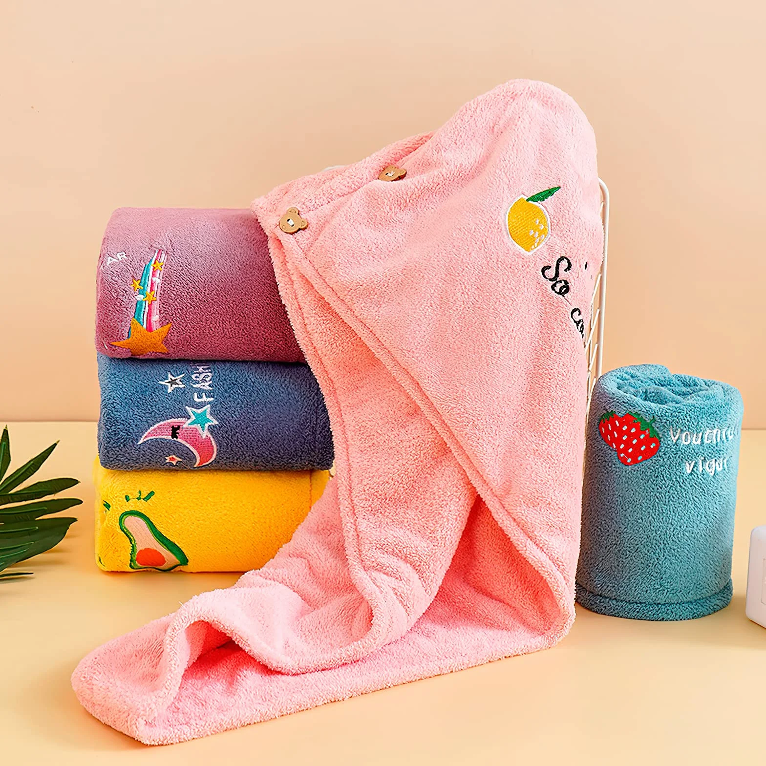 Sporgo 5 sztuk turbanu do włosów, turban z guzikiem, turban z mikrofibry, super chłonny, szybkoschnący, ręcznik do włosów dla kobiet, dzieci, do wszystkich rodzajów włosów