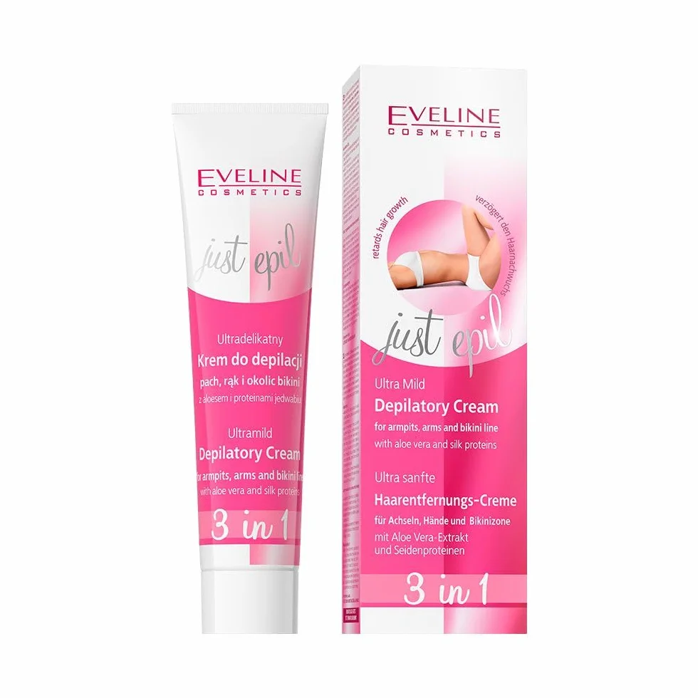 Eveline Cosmetics Just Epil Ultra-Delikatny Krem ​​Do Depilacji Ciała Skóra Wrażliwa 3w1 Na Nogi, Ramiona, Pod Pachami i Okolice Bikini | 125 ml | Szybka i Bezbolesna Depilacja | Łatwy w Użyciu