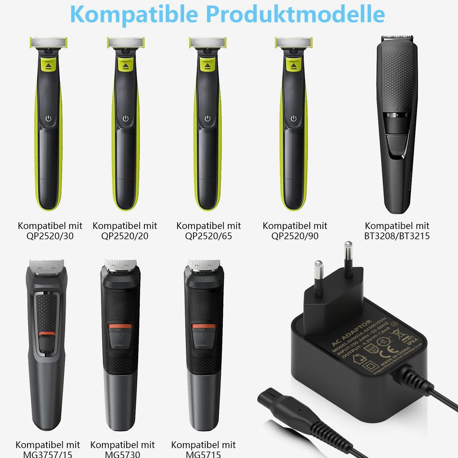 4.3V Philips OneBlade QP2520 Charging Cable for QP2520/90, QP2520/70, QP2620 MG3730 MG3720 MG5720 MG5730 BT3208 Shaver - Replacement Charger A00390 1.7m
