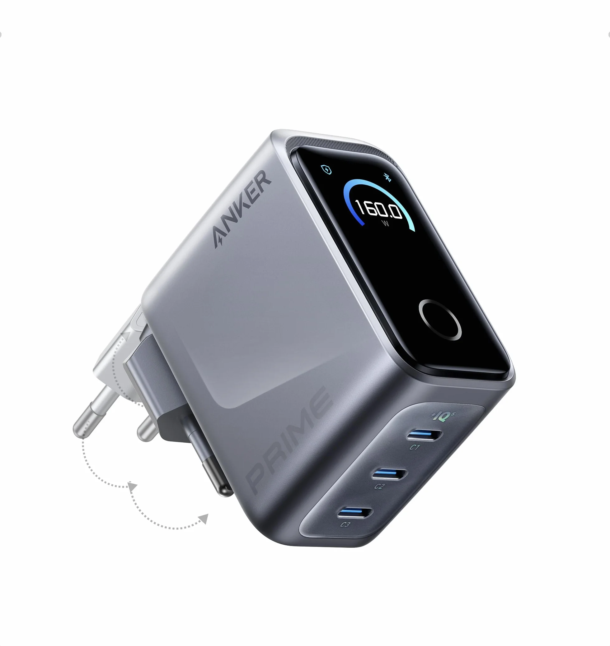 Ładowarka Anker Prime USB-C 160 W Kompaktowa 3-portowa inteligentna wyświetlacz i sterowanie dotykowe Tryb UltraFast 140 W dla laptopów, MacBooków, iPadów, iPhone'ów serii 17/16/15 i innych urządzeń