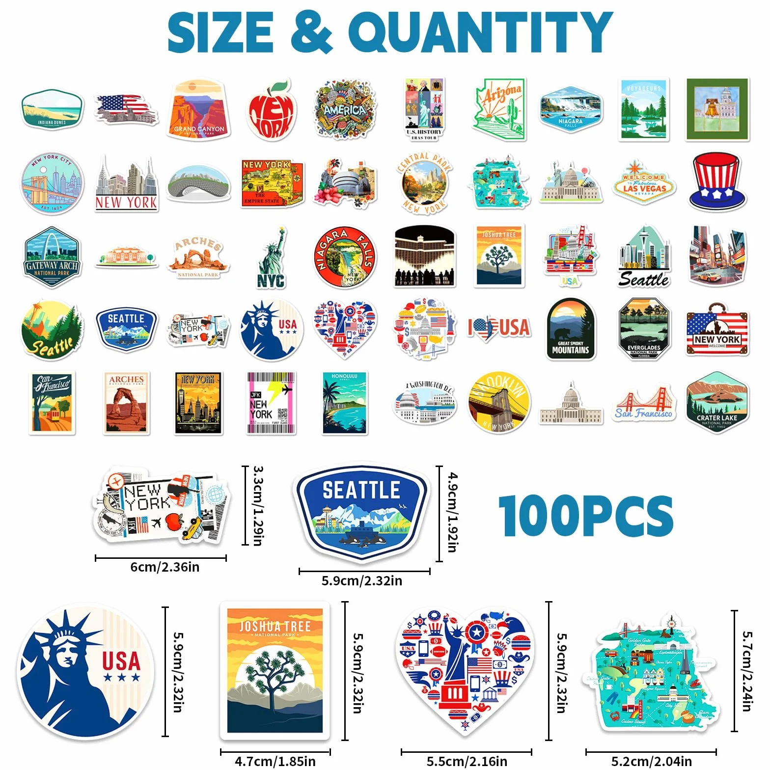 100 sztuk naklejek USA, naklejki America kraje miasta, wodoodporne naklejki do scrapbookingu Ameryka, naklejki podróżne do fotoalbumu New York, naklejki na laptopy, walizki podróżne, samochody
