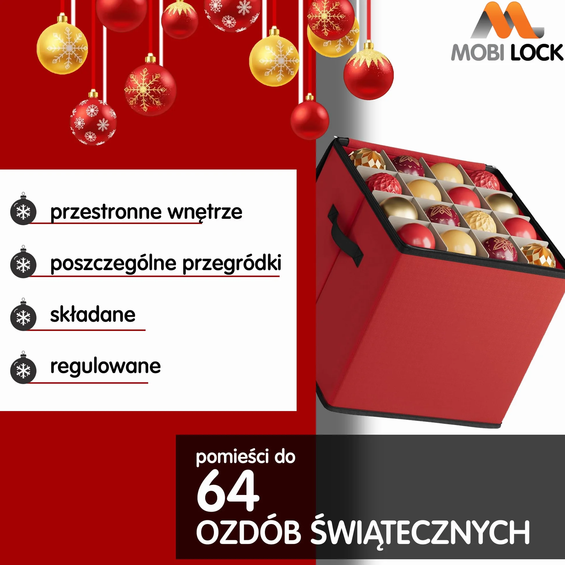 Pudełko do Przechowywania Ozdób Świątecznych z Przegrodami - Organizer na Bombki - Mieści 64 Bombki - Trwały, Składany Czerwony Pojemnik z Tkaniny, Bez Tacy - od Mobi Lock