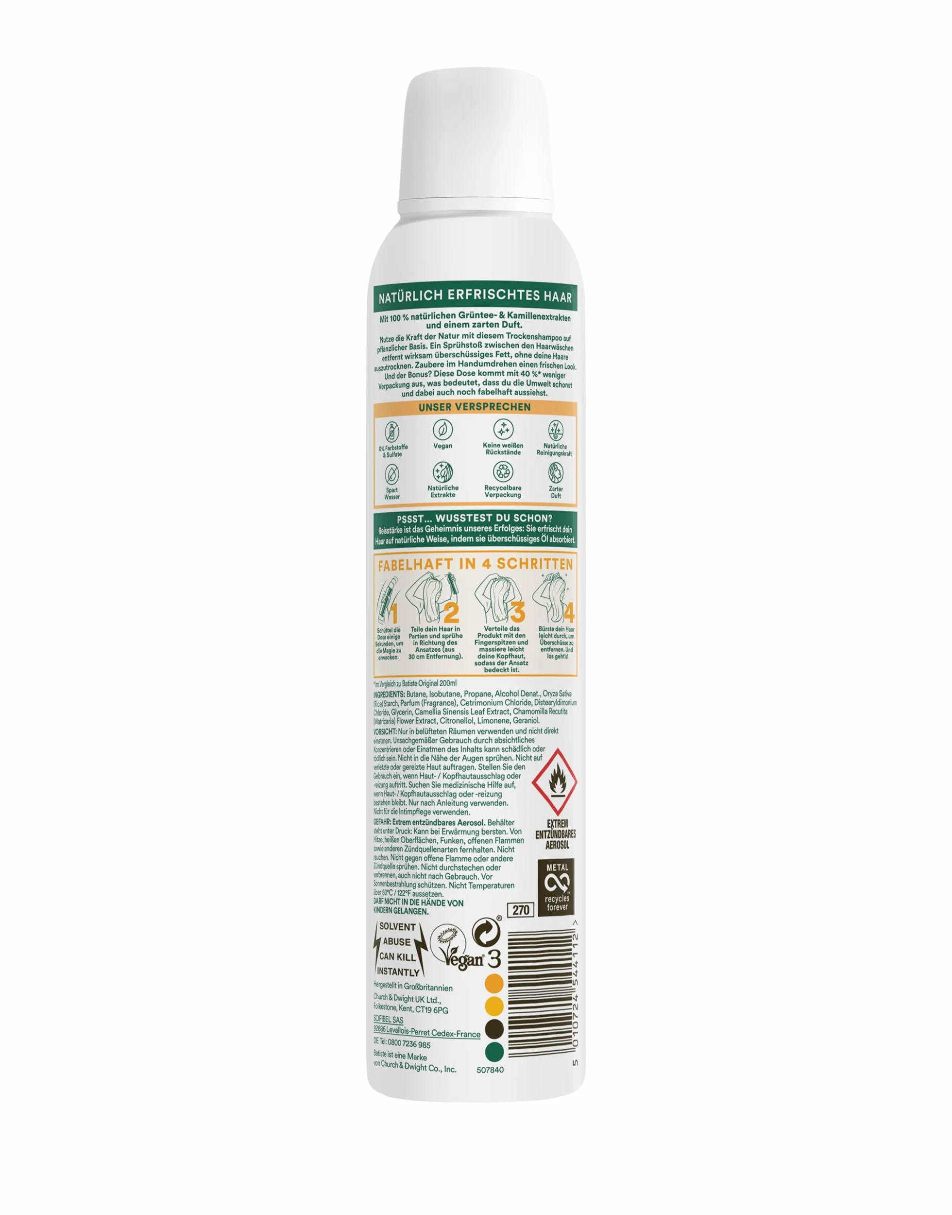 Batiste Suchy szampon Naturally Green Tee & Rumianek 200 ml, suchy szampon do odświeżania i stylizacji włosów, bez spłukiwania, wegańska stylizacja włosów, w 100% z naturalnych ekstraktów