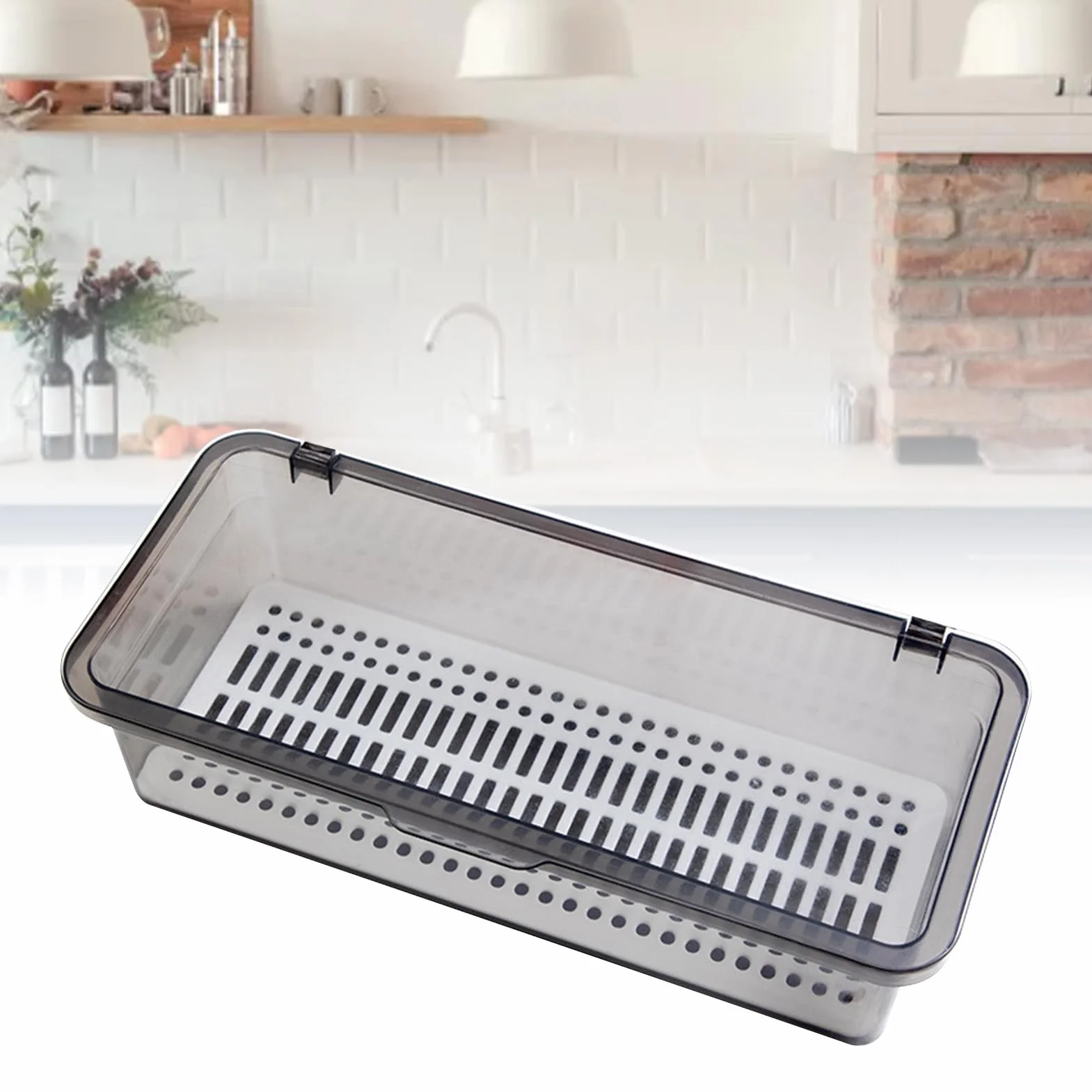 Eujgoov Organizer do Szuflad, Plastikowy Przezroczysty Pojemnik z pokrywką i Ociekaczem na Przybory Kuchenne i łazienkowe Oraz Kosmetyki do Makijażu, 27 Cm