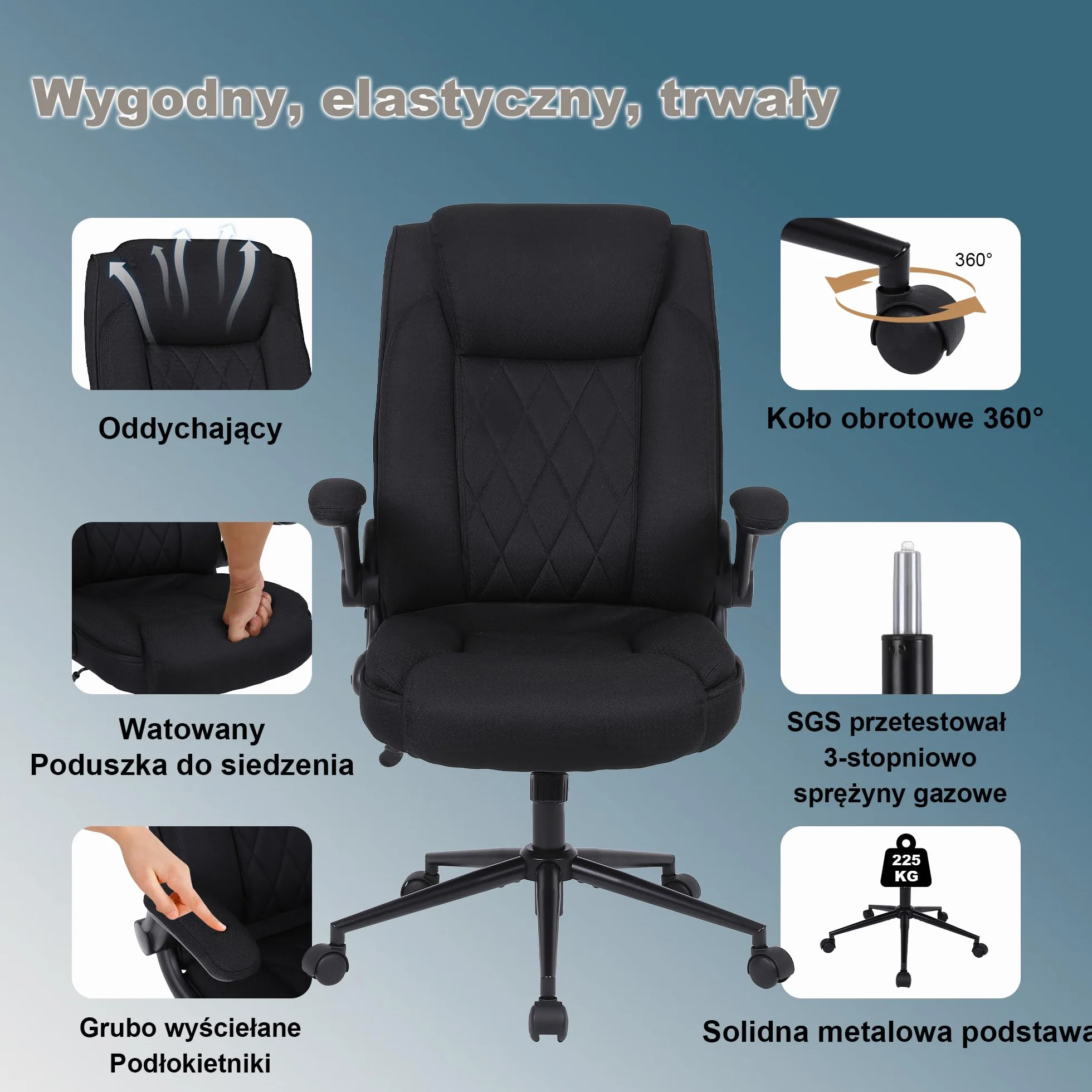 Ergonomiczne krzesło biurowe Flysky, krzesło biurowe z wysokim oparciem i regulacją wysokości, krzesło obrotowe z wygodnym zagłówkiem, krzesło wykonawcze do biura, czarne