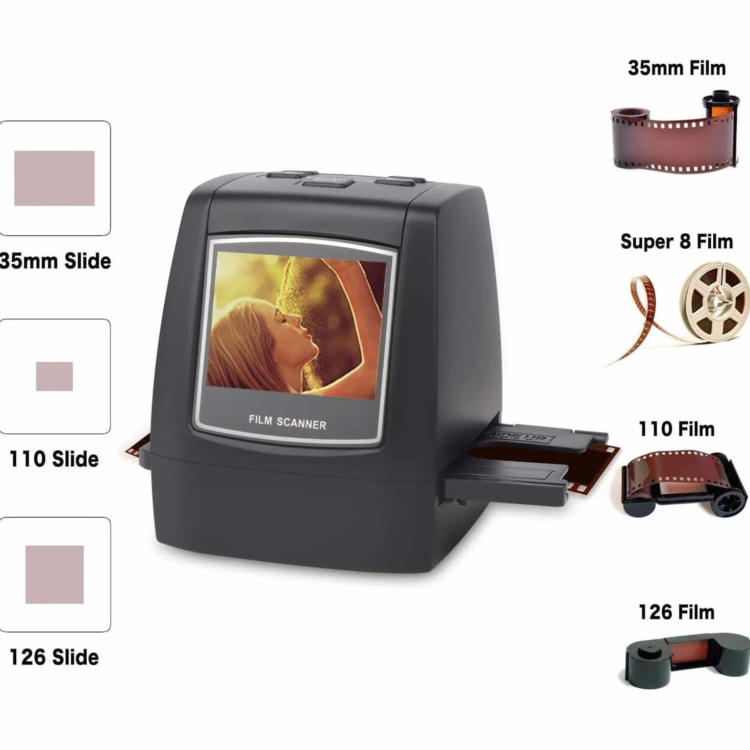 Cyfrowy skaner do filmów, samodzielny skaner slajdów i negatywów, konwertuje negatywy i slajdy filmowe z 35 mm, 126, 110, Super 8 i 8 mm na obrazy JPEG, wyświetlacz LCD 2,4"