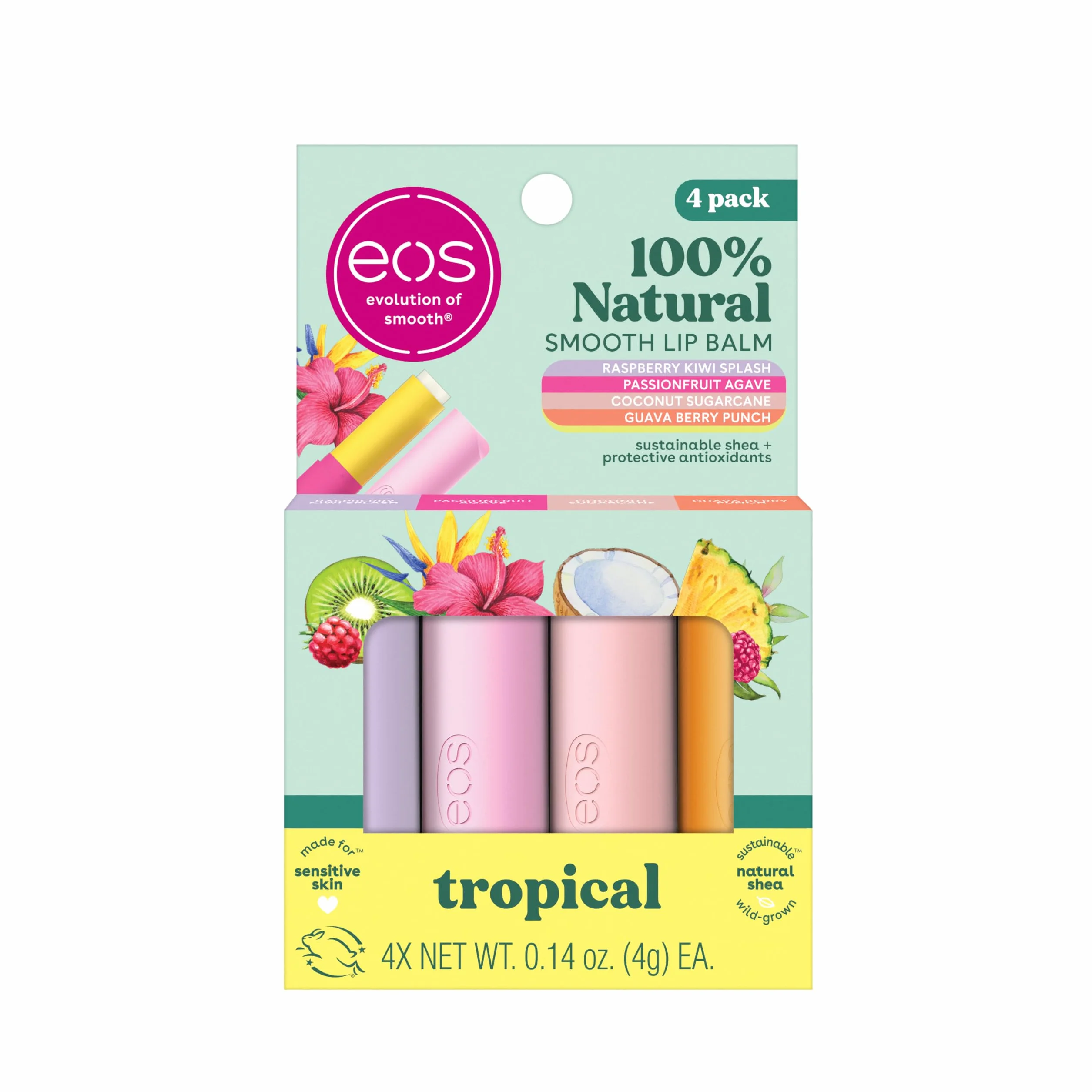 eos FlavorLab Super Soft Shea balsam do ust w patyczkach - Totally Tropical zestaw różnych smaków | Nawilżający balsam do ust | 24-godzinna nawilżająca opieka | Bez glutenu | 4 sztuki, smokowiec